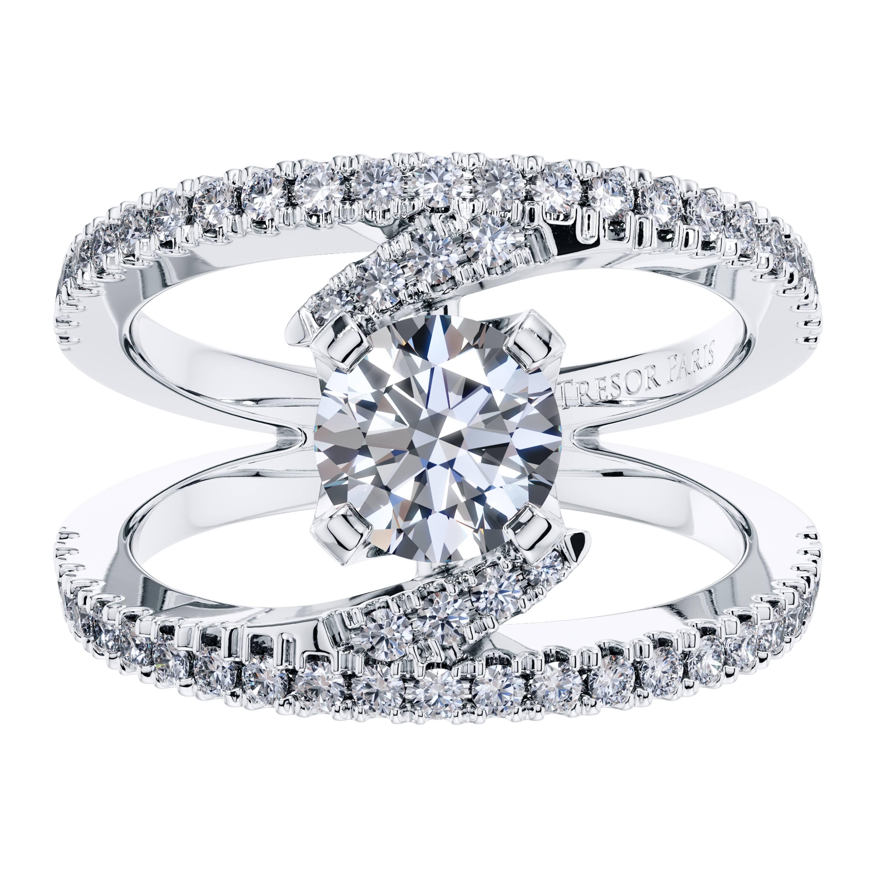 2.65 Carat Round Brilliant Diamond 18 KT White Gold Cross Over Engagement Ring  For Sale