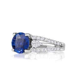 2.65 Carat Round Brilliant Diamond Ring Royal Blue Sapphire 14K White Gold