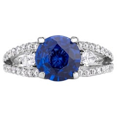 2.65 Carat Round Brilliant Diamond Ring Royal Blue Sapphire 14K White Gold