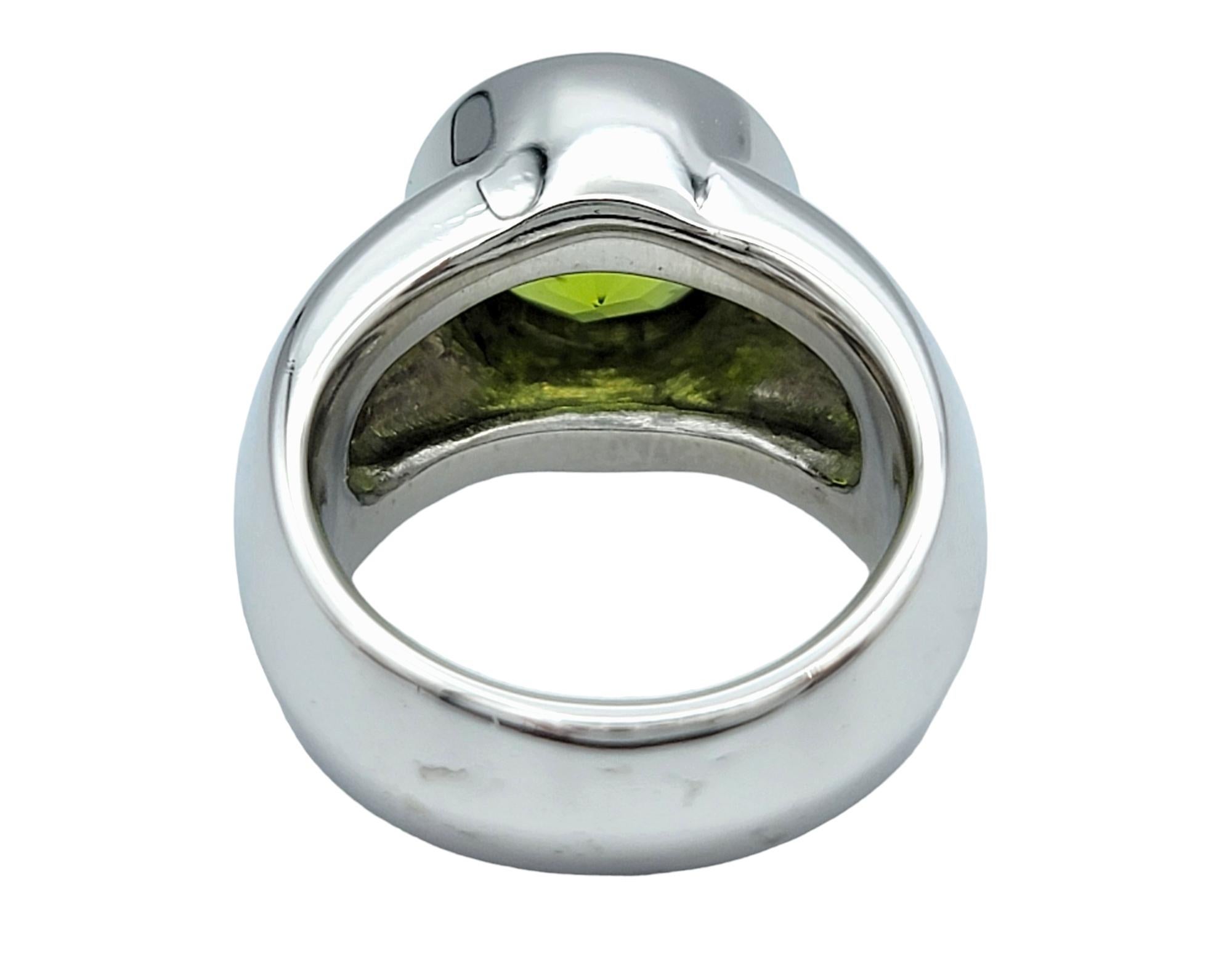 2.65 Carat Round Cut Bezel Set Peridot Wide Band Ring in 14 Karat White Gold For Sale 2