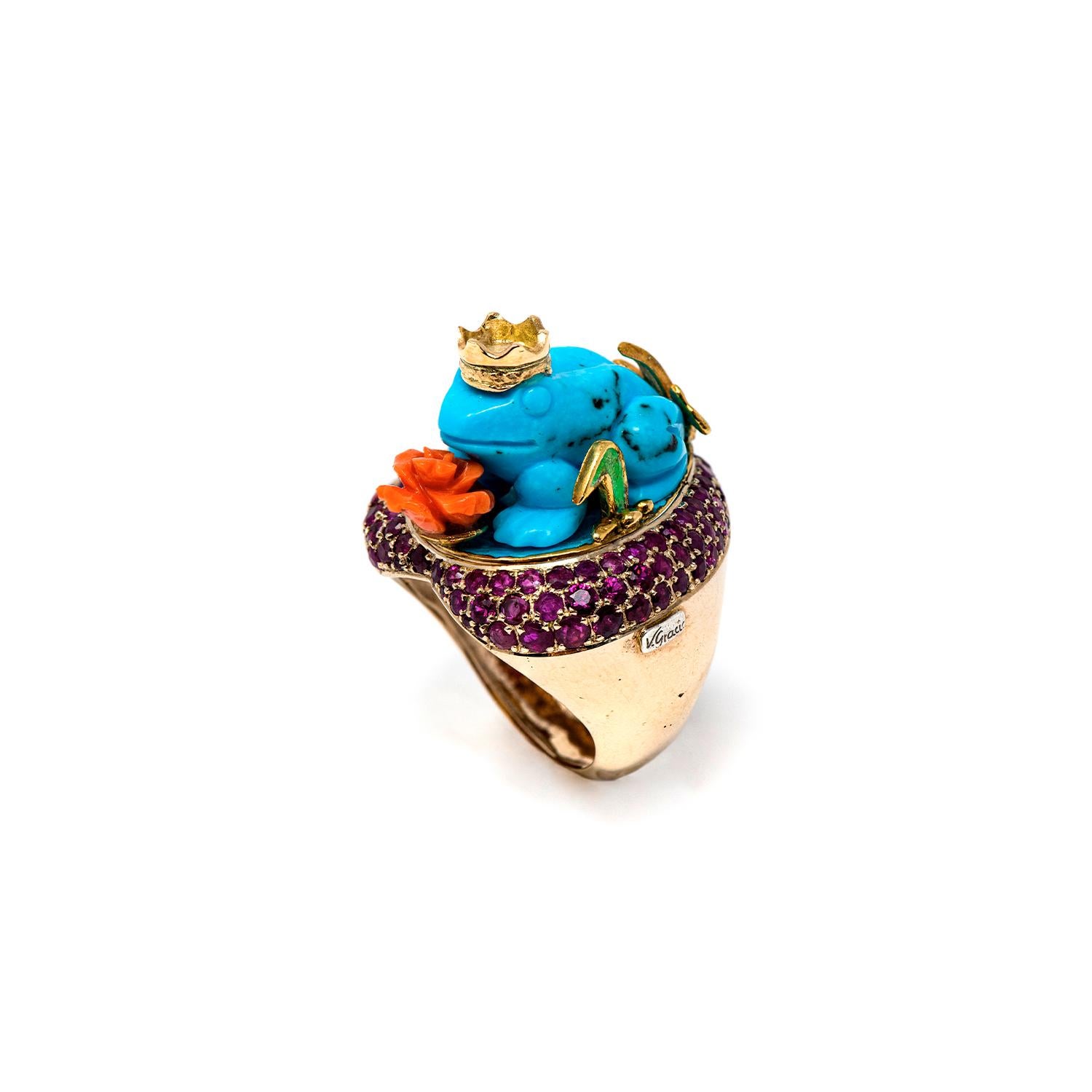 2.65 Carat Rubies, 3.5 grams Blue Turquoise Red Coral Heart White Gold Cocktail Ring 

White Gold Ring in shape of a Heart with 2.65 Carat rubies, with a 3.5 grams Blue Turquoise carved as a Frog representing the enchanted price with his crown in 18