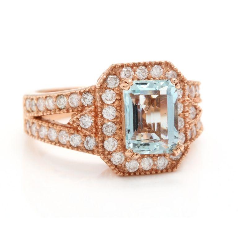 2.65 Carats Natural Aquamarine and Diamond 14K Solid Rose Gold Ring

Total Natural Emerald Cut Aquamarine Weights: Approx. 1.80 Carats

Aquamarine Measures: 8 x 6mm

Natural Round Diamonds Weight: 0.85 Carats (color G / Clarity VS2-SI1)

Ring size:
