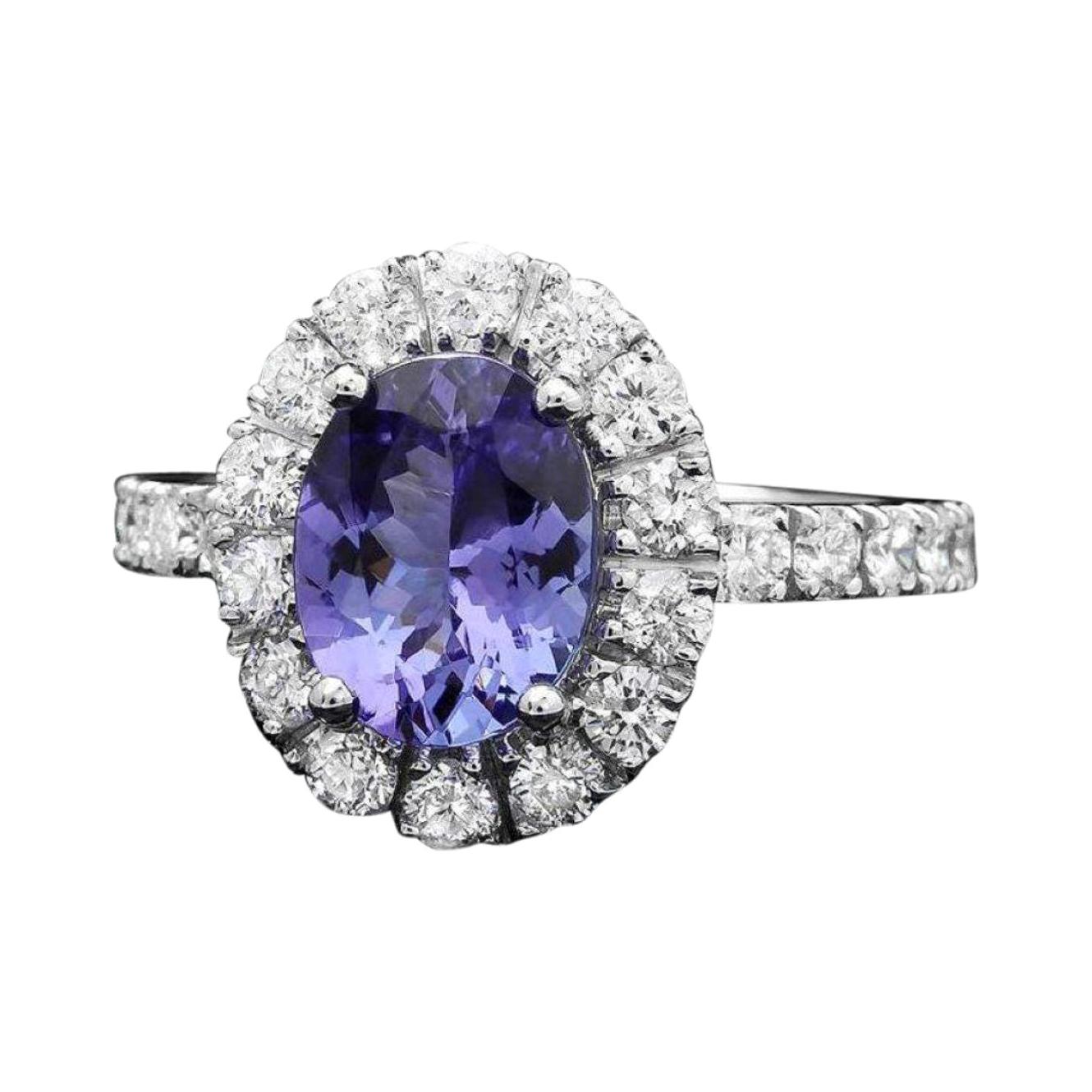 2.65 Carats Natural Tanzanite and Diamond 14k Solid White Gold Ring For Sale