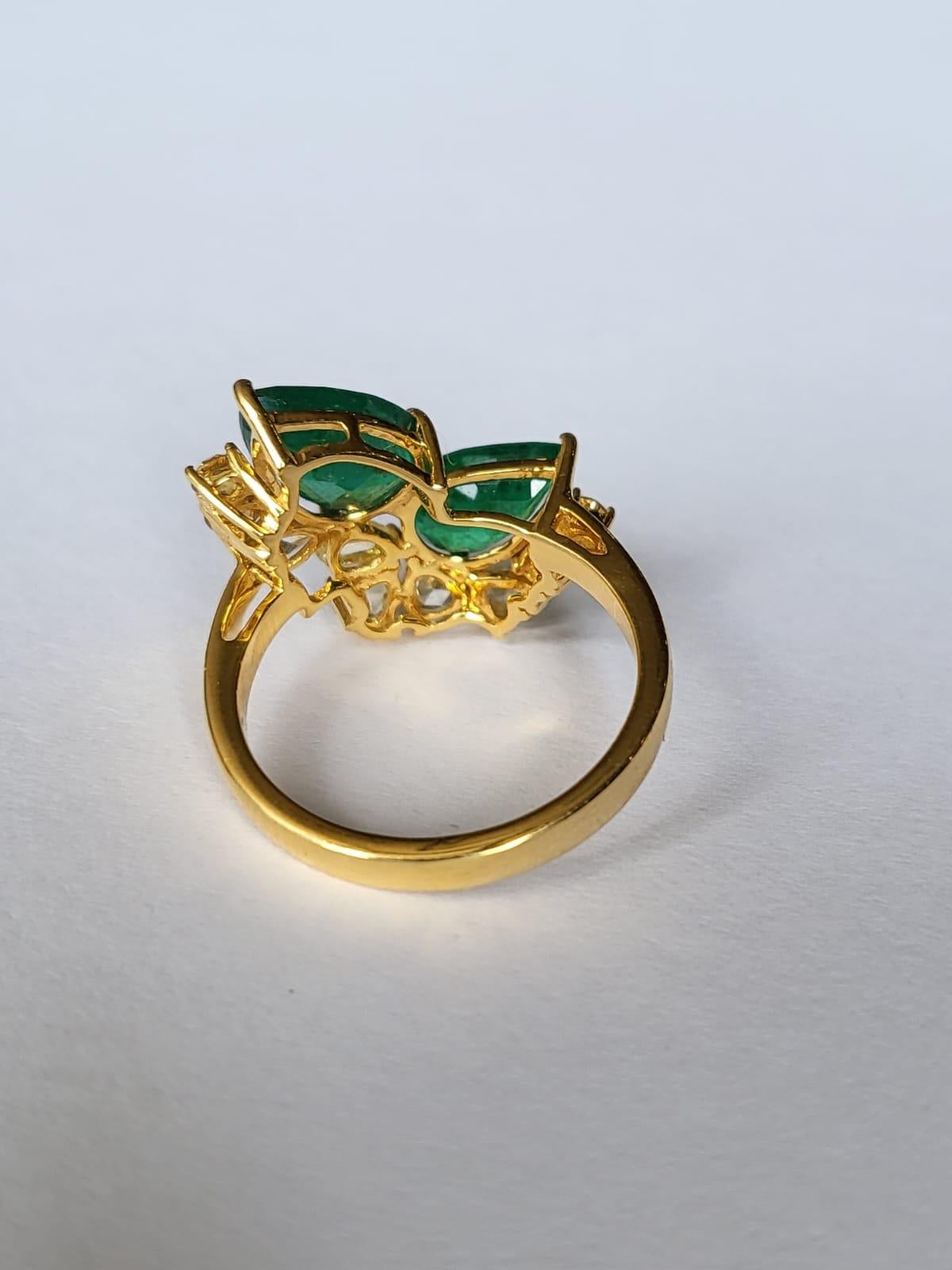Modern 2.65 Carats, Natural Zambian Emerald & Yellow Rose Cut Diamonds Engagement Ring
