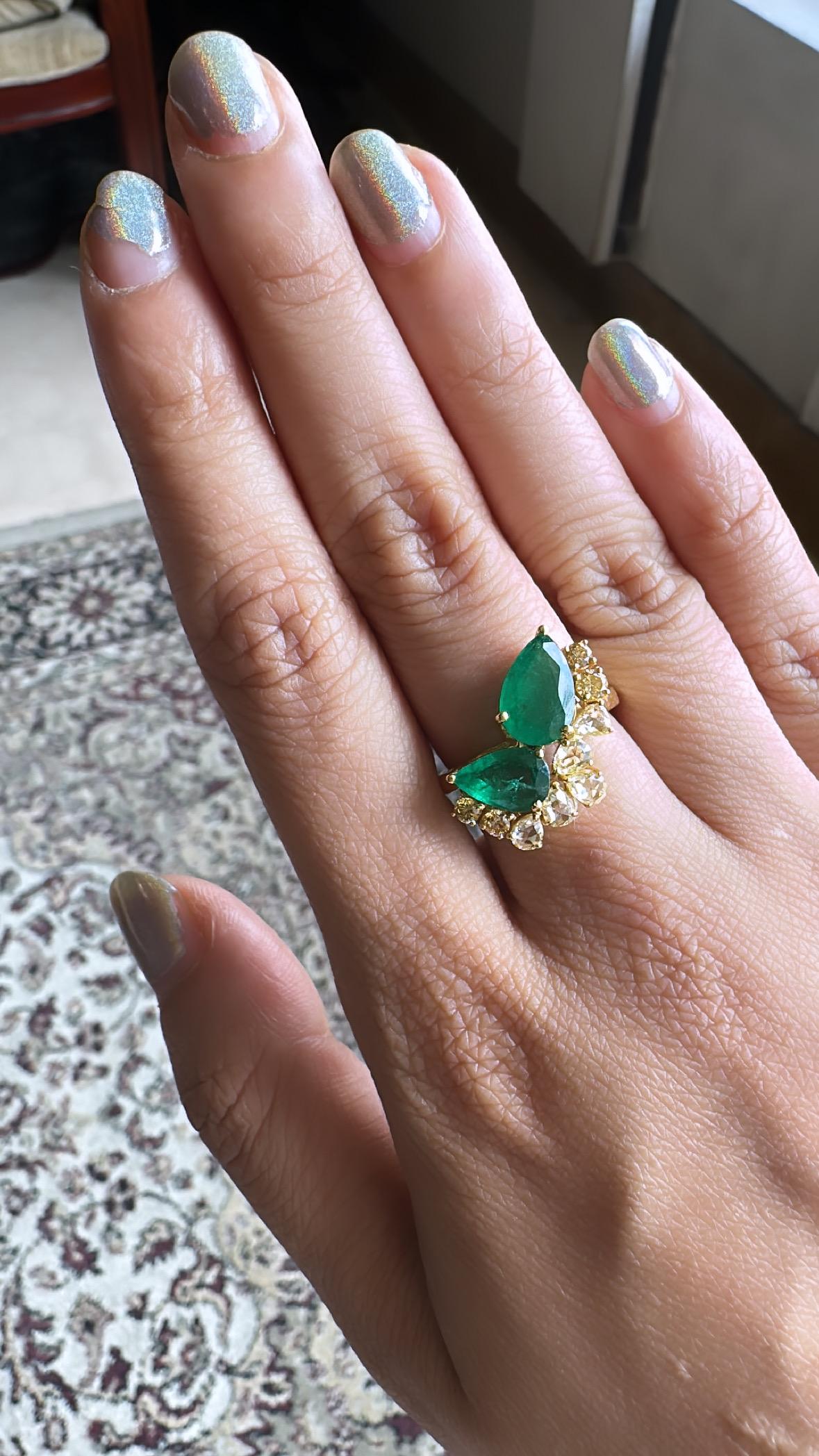 2.65 Carats, Natural Zambian Emerald & Yellow Rose Cut Diamonds Engagement Ring 1