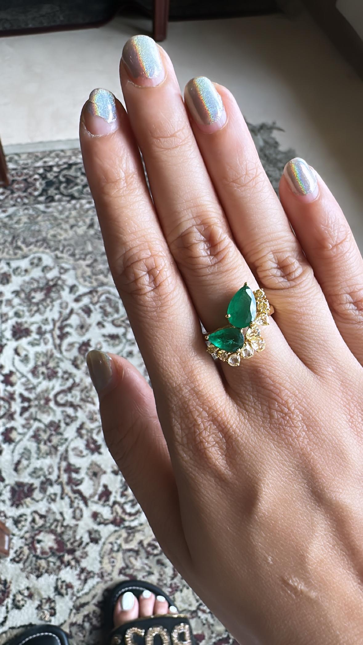 2.65 Carats, Natural Zambian Emerald & Yellow Rose Cut Diamonds Engagement Ring 2