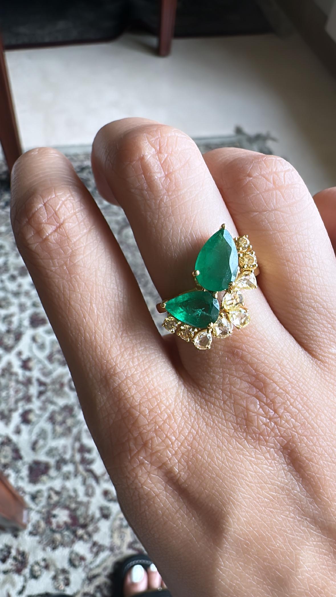 2.65 Carats, Natural Zambian Emerald & Yellow Rose Cut Diamonds Engagement Ring 3