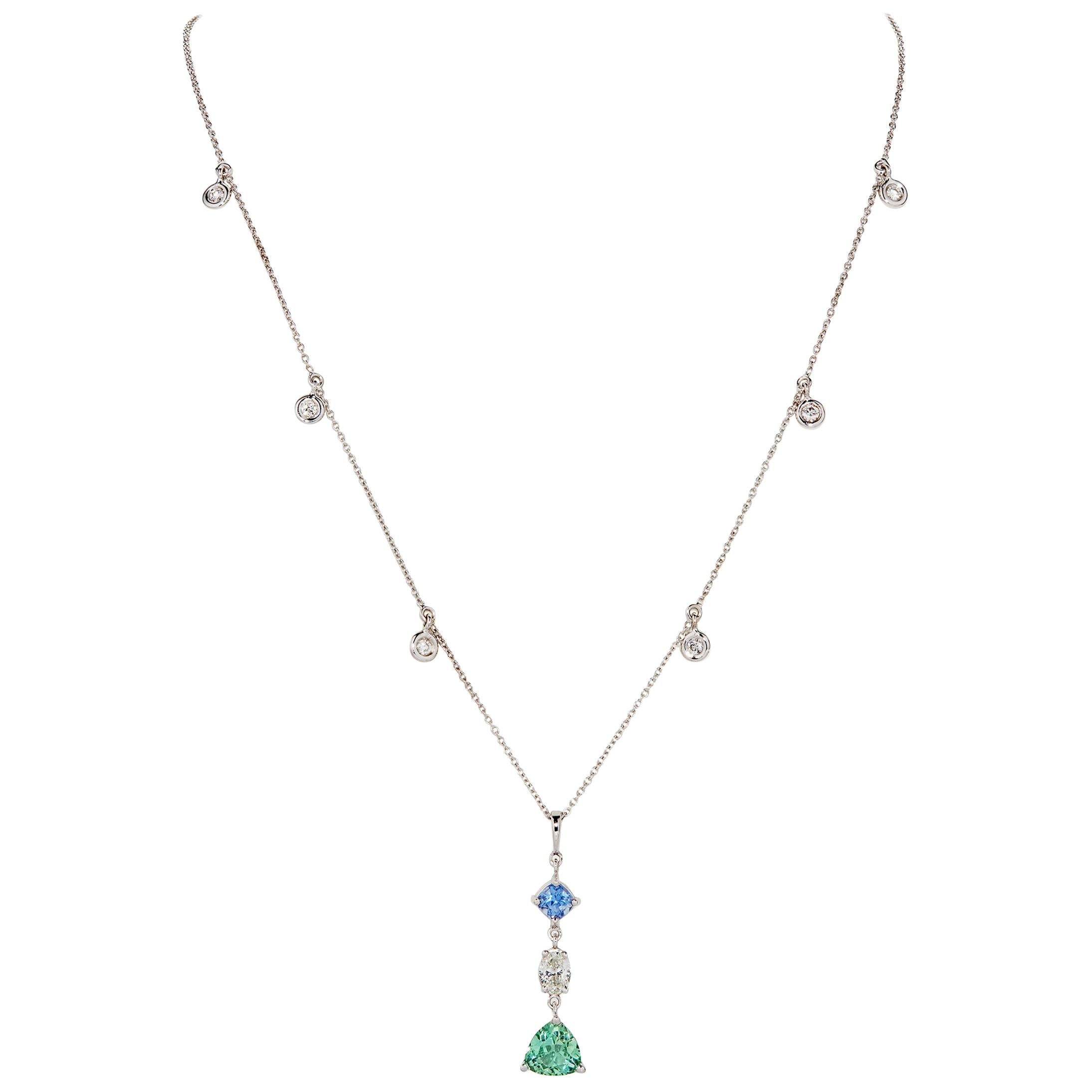 2.65 Carats of Tourmaline, Sapphire, and Diamond Necklace in 18 Karat White Gold