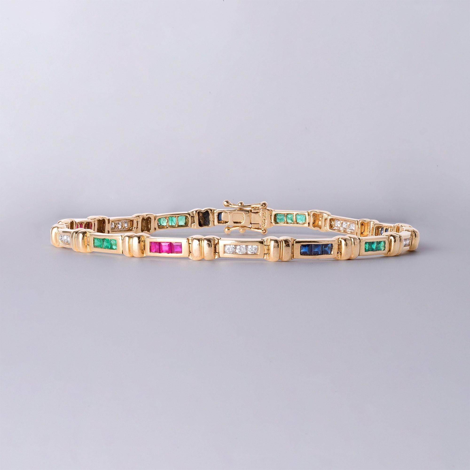 Modern 2.65 Carats Ruby Emerald Sapphire and Diamond Channel Set Thin 14K Bracelet For Sale