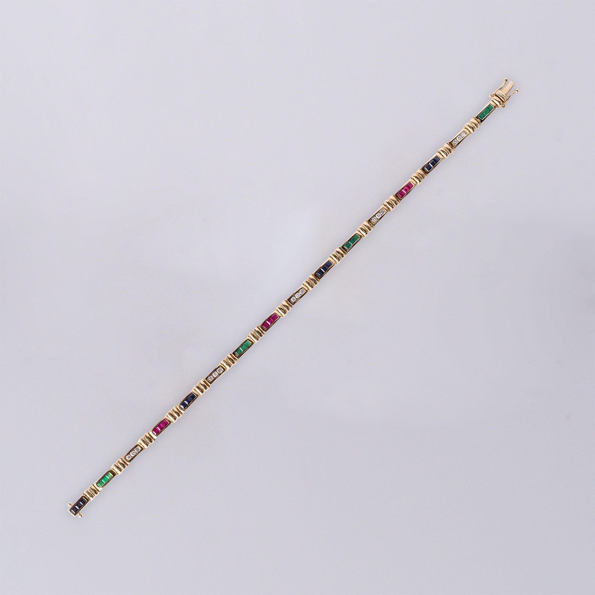 Round Cut 2.65 Carats Ruby Emerald Sapphire and Diamond Channel Set Thin 14K Bracelet For Sale