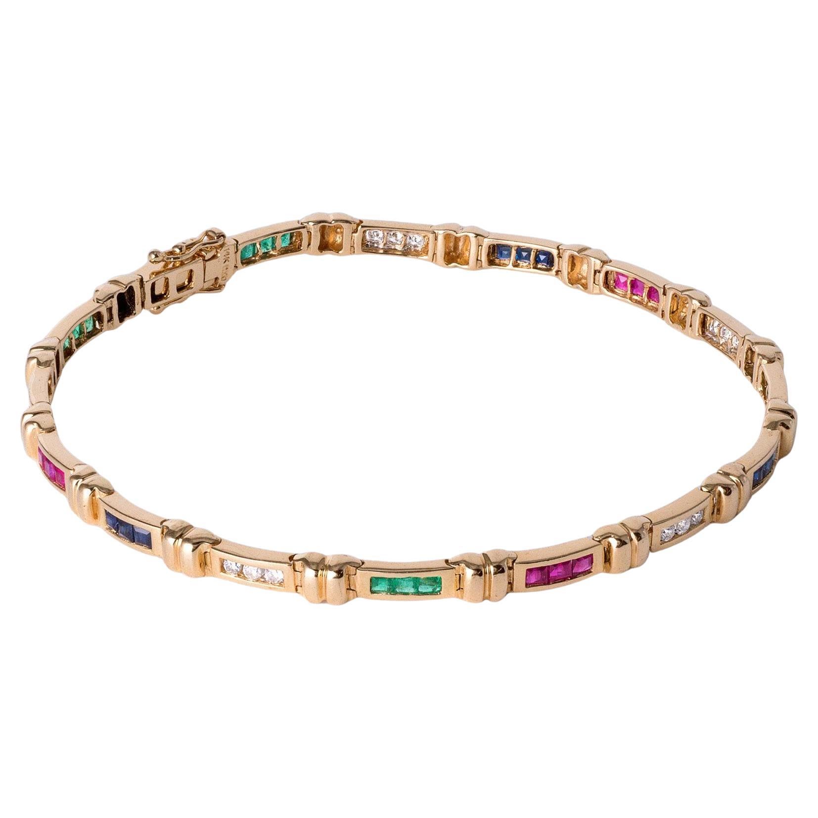 2.65 Carats Ruby Emerald Sapphire and Diamond Channel Set Thin 14K Bracelet For Sale