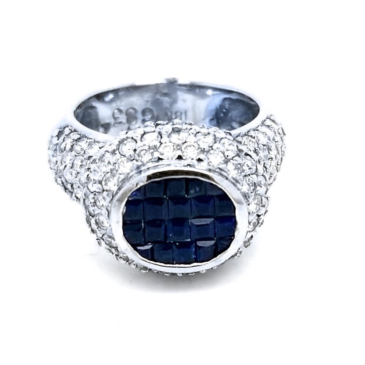 Round Cut 2.65 Carat Diamond/1.15 Carat Blue Sapphire 18 Karat Gold Pave Set Ring For Sale