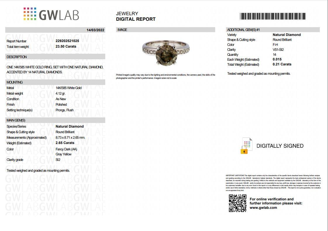 2.65 Ct Natural Fancy Dark Gray Yellow Diamond Ring 1