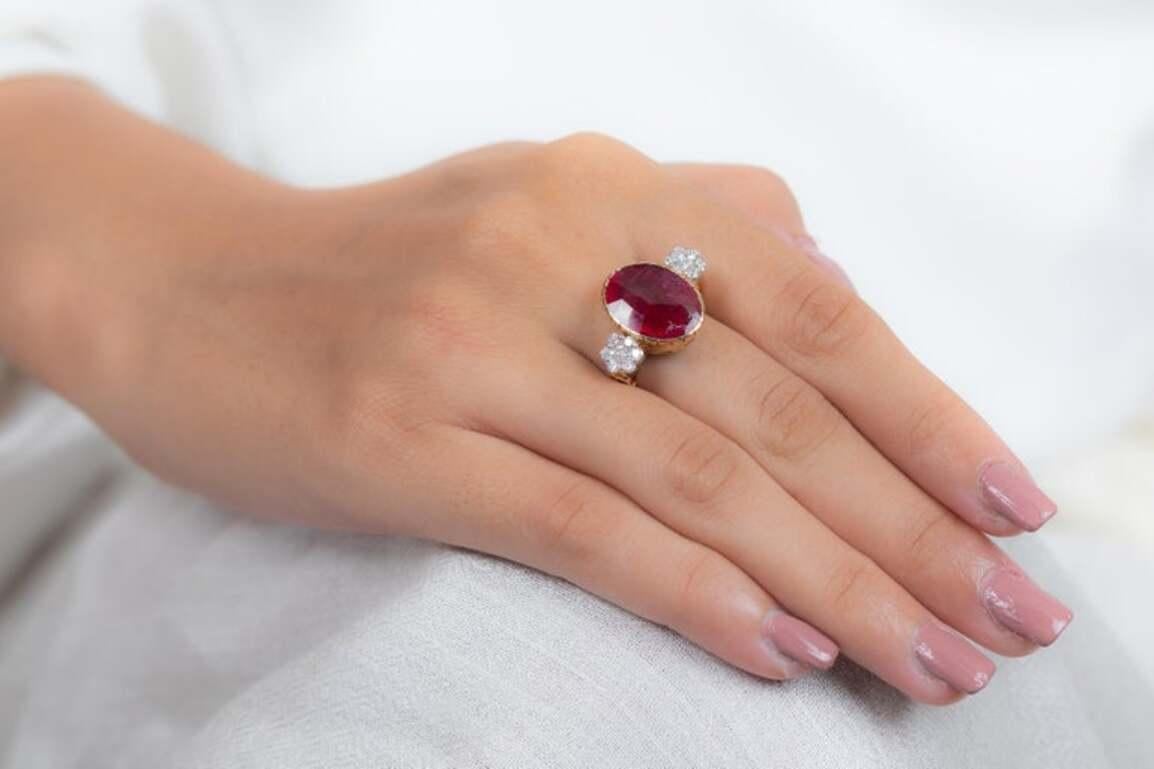 For Sale:  2.65 CTW Deep Red Ruby Diamond Engagement Ring in 18k Yellow Gold 10