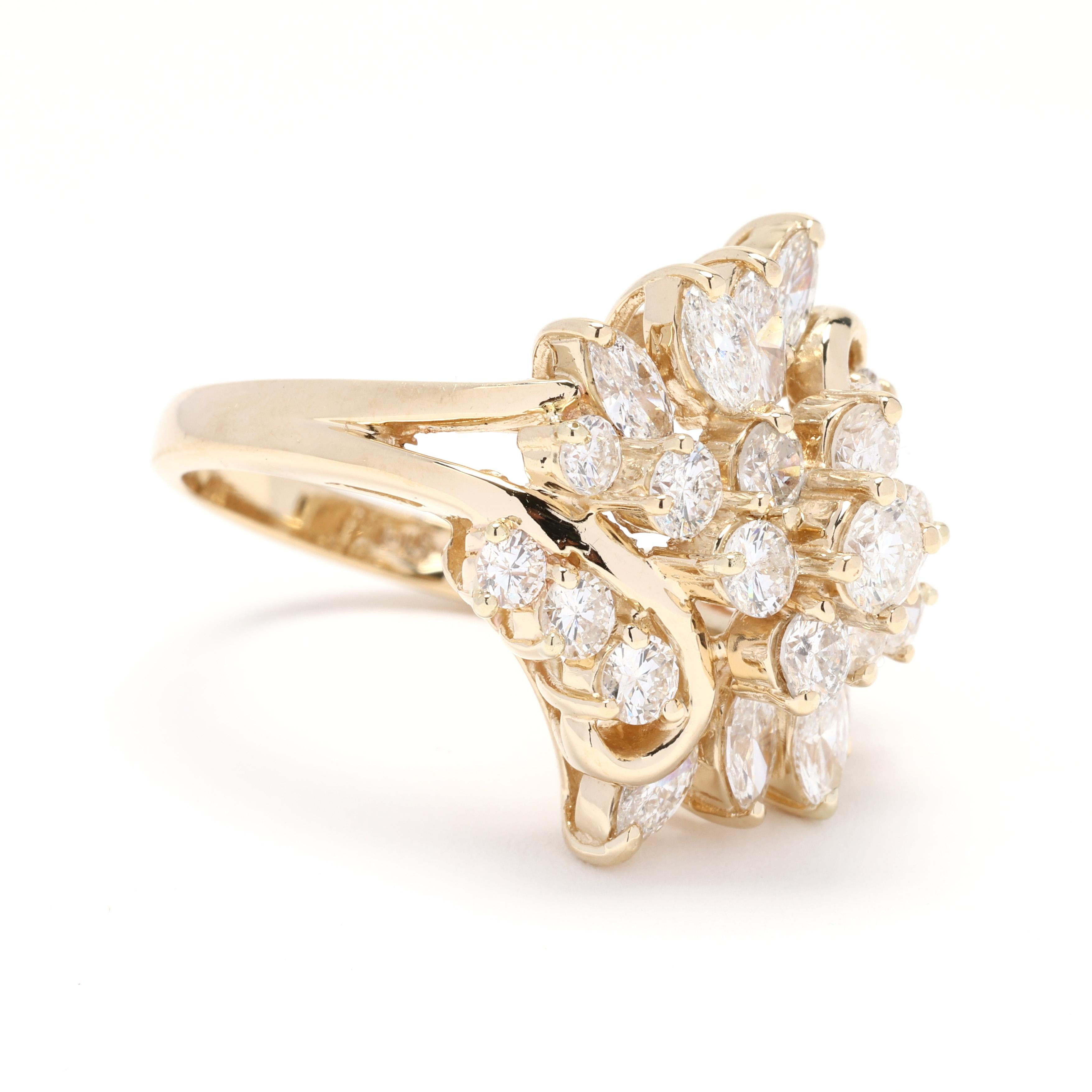 Retrocede al glamour de los años 80 con este impresionante anillo de racimo de diamantes de 2,65 quilates, elaborado en radiante oro amarillo de 14k. Con un brillante conjunto de diamantes en un clásico diseño de racimo, este anillo de talla 6,5