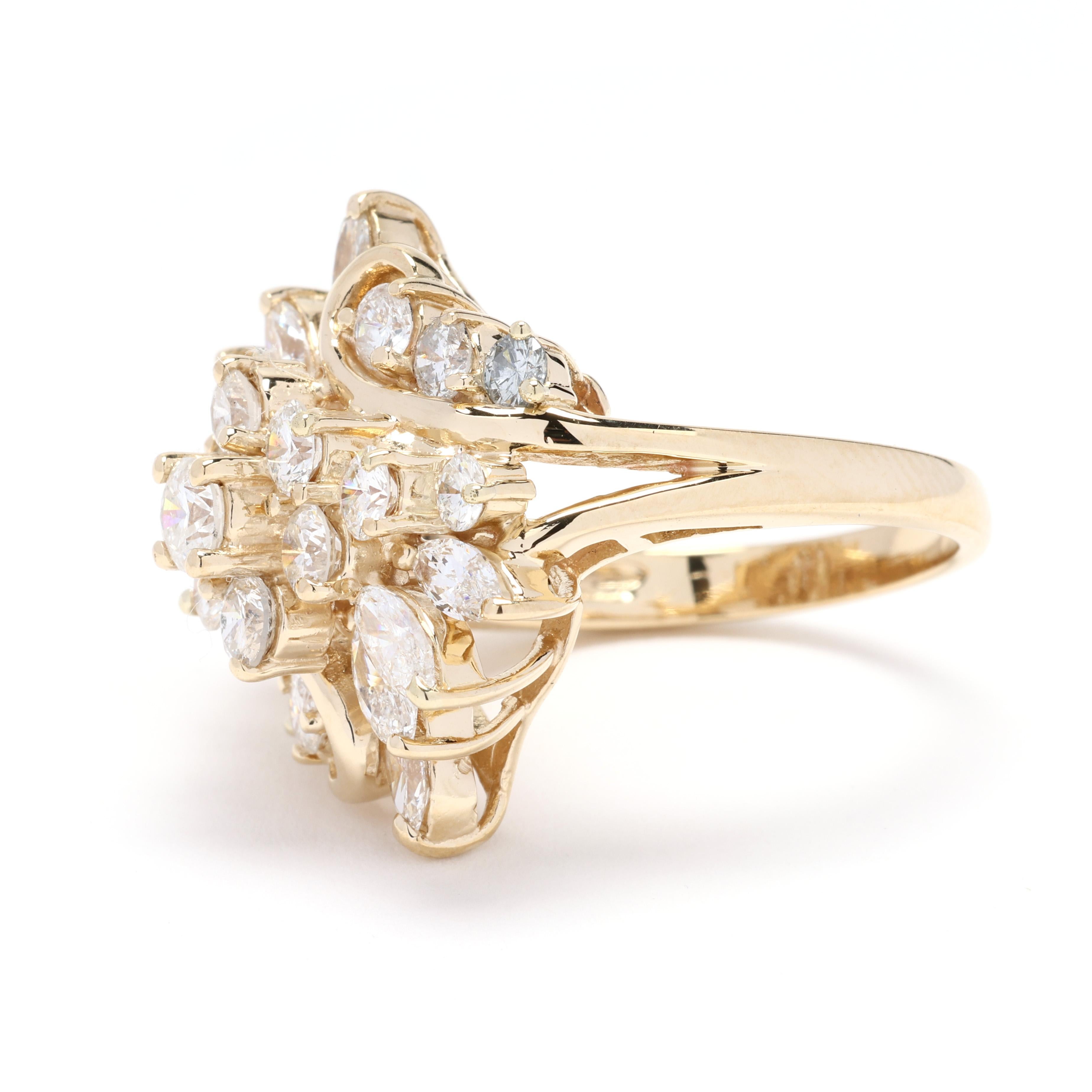 Anillo de racimo de diamantes de los años 80 de 2,65 ctw, oro amarillo de 14k, tamaño del anillo 6,5 en Bueno Estado en McLeansville, NC