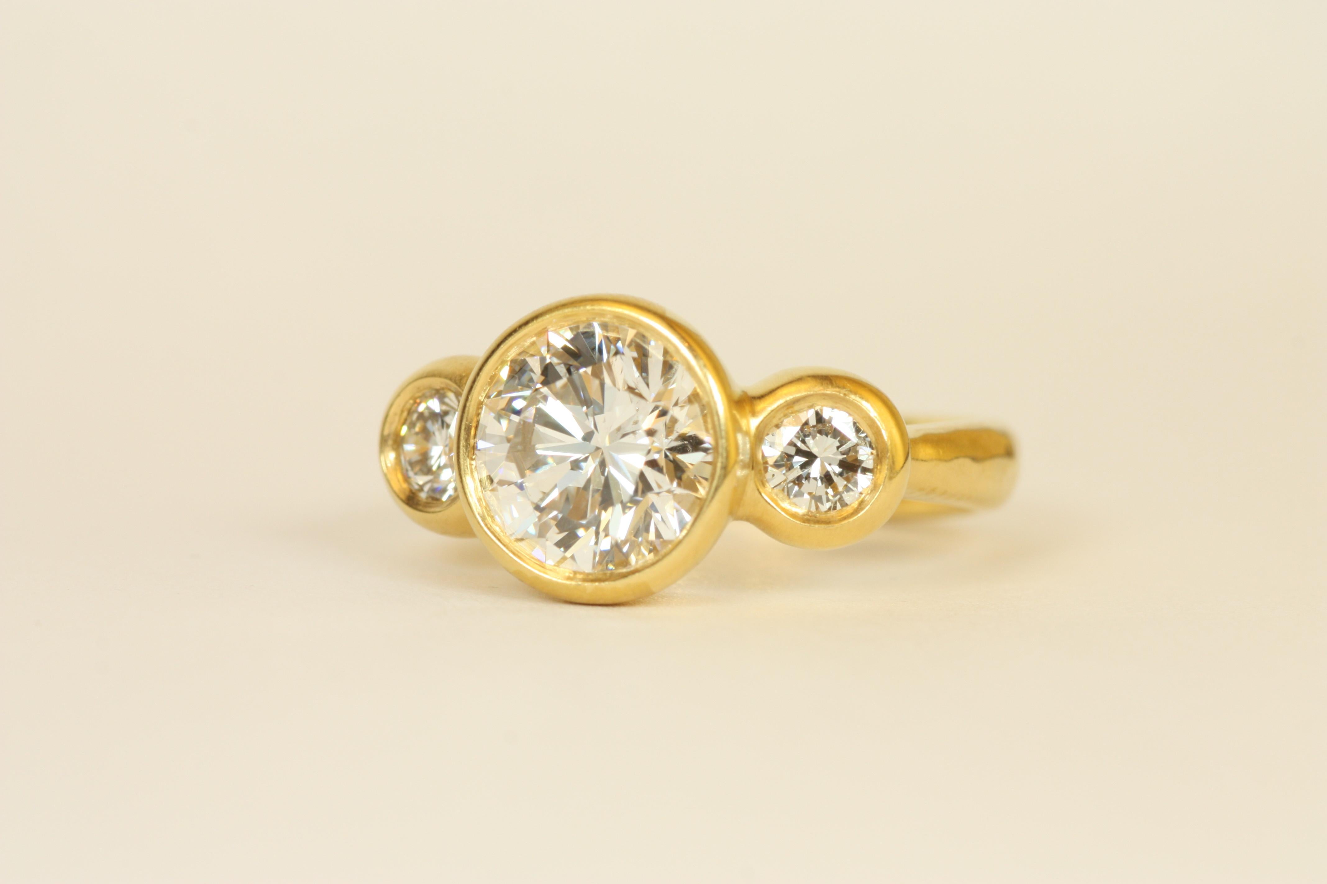 Artisan 2.65 Total Carat Round Diamond 22K Gold 3-Stone Engagement Ring For Sale
