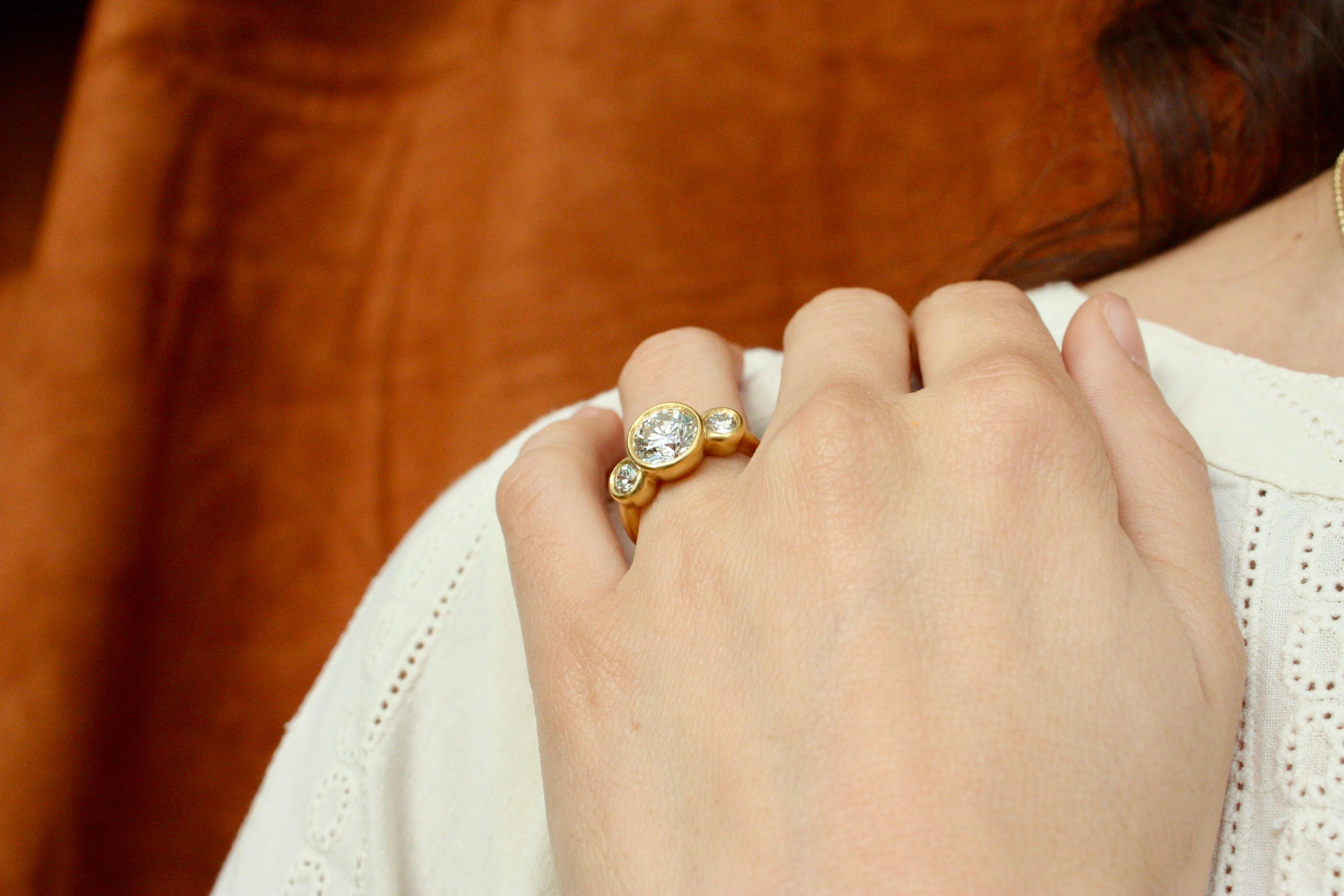 2.65 Total Carat Round Diamond 22K Gold 3-Stone Engagement Ring For Sale 1