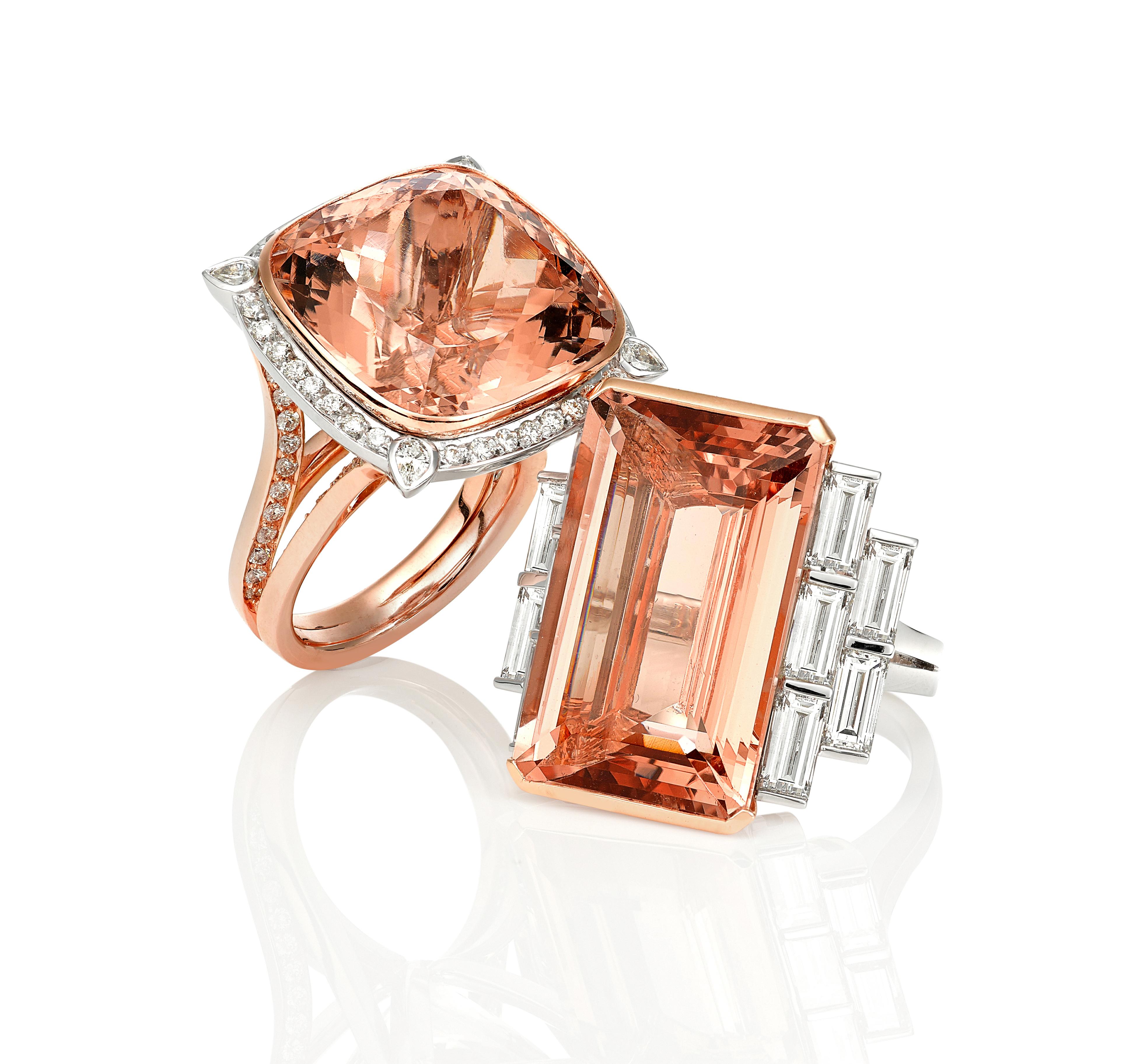 Handmade 18 carat Rose and White Gold Cocktail Ring, Set with one 26.50 Carat Emerald Cut Morganite, end set in a Rose Gold, with 10 Baguette cut white diamonds weighing 3.88 Carats, F in colour, VS in clarity, End set on the shoulders, suspended on