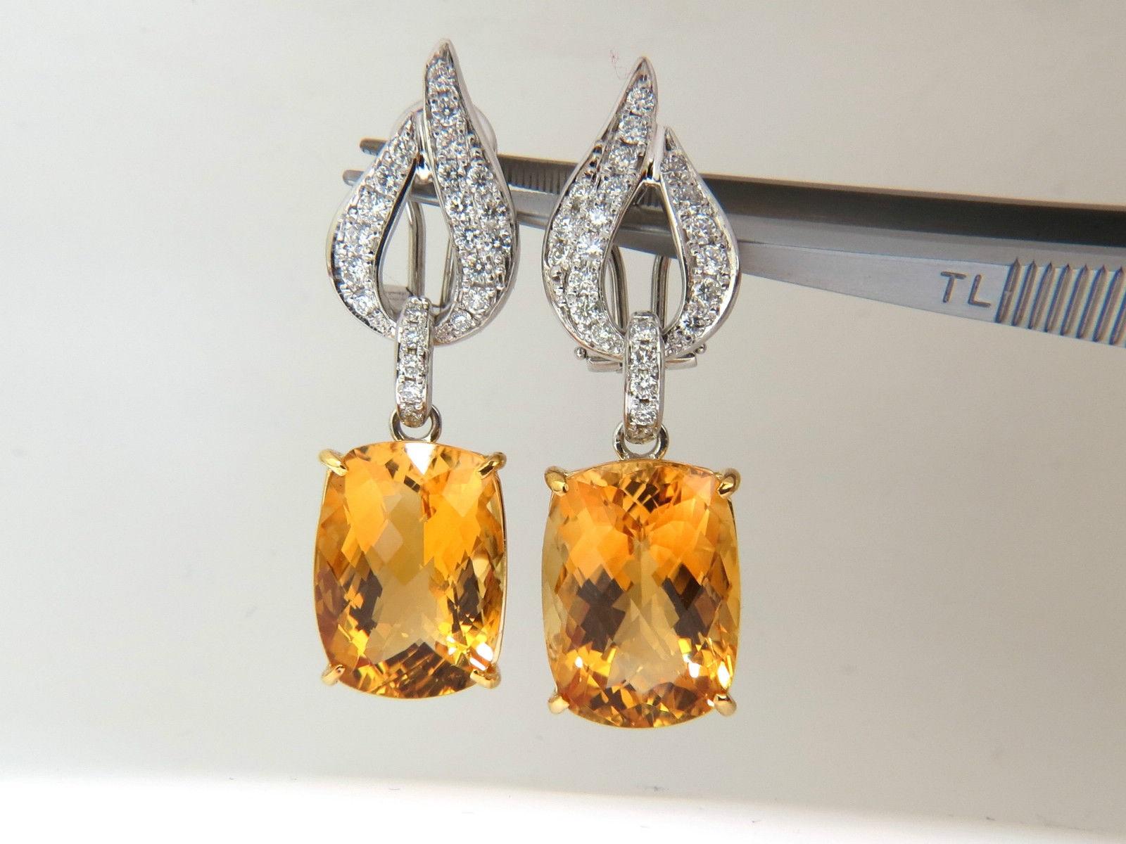 Women's or Men's 26.50 Carat Natural Golden Citrine Diamond Dangle Earrings 14 Karat For Sale