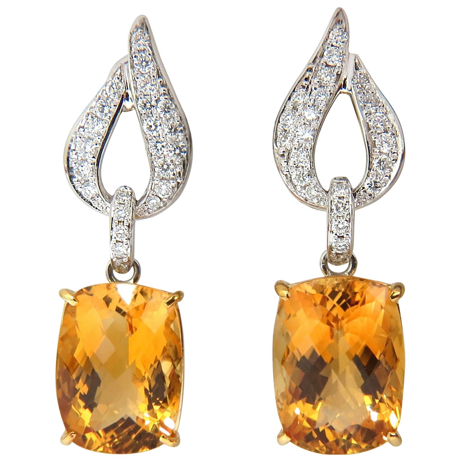 26.50 Carat Natural Golden Citrine Diamond Dangle Earrings 14 Karat For Sale