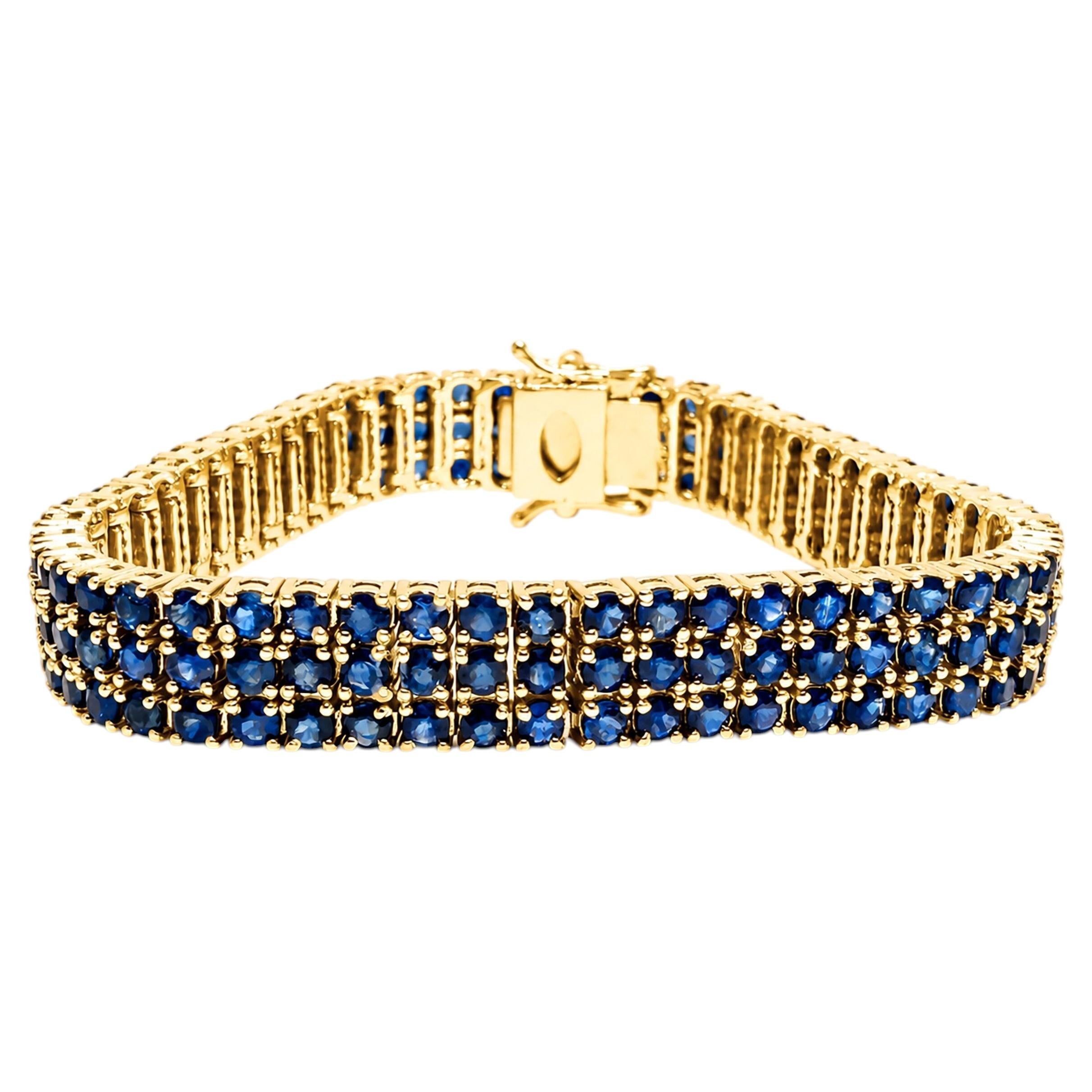 Bracelet « tennis » en saphir bleu de 26,50 ct, bracelet à 3 rangées de saphirs, bracelet en or 14 carats