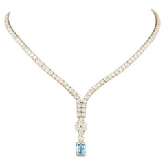 26,52 Karat Labordiamant V-Tennis Halskette Blauer Smaragd-Schliff 14K Gelbgold