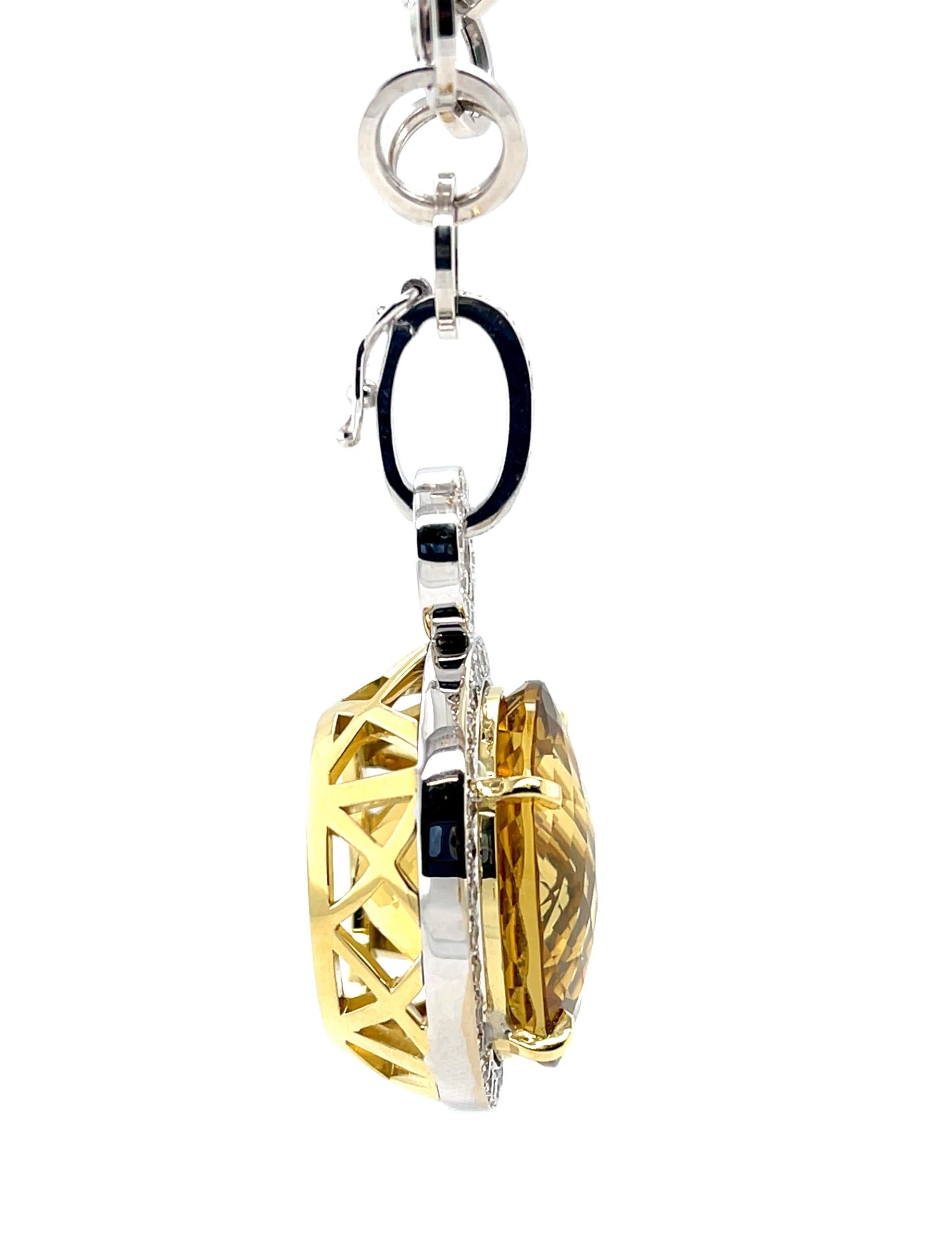 Artisan 26.53 Carat Golden Beryl and Diamond Enhancer Pendant in White and Yellow Gold For Sale