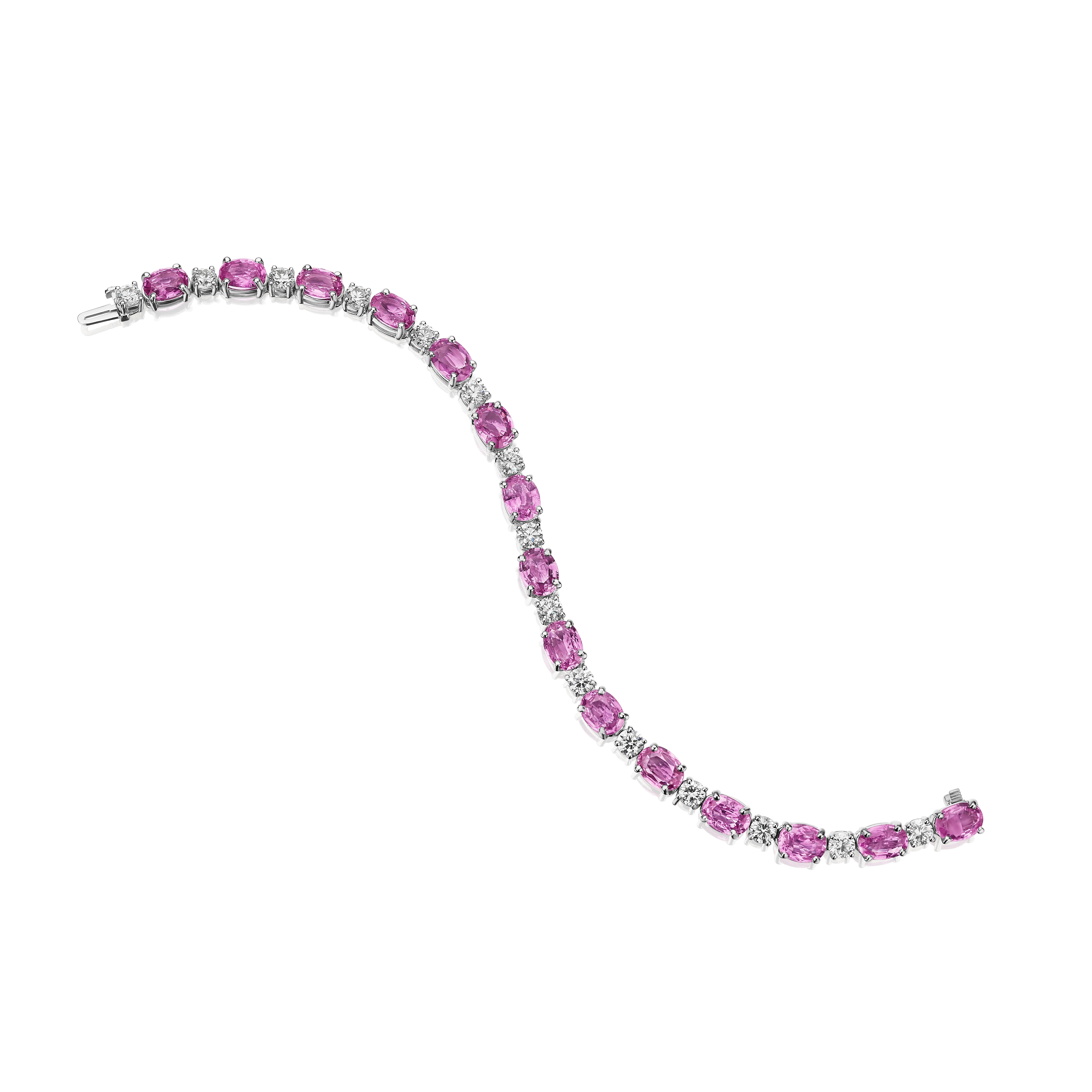 Taille ovale Bracelet en or blanc 18 carats, saphir rose ovale et diamant rond 26,54 carats en vente