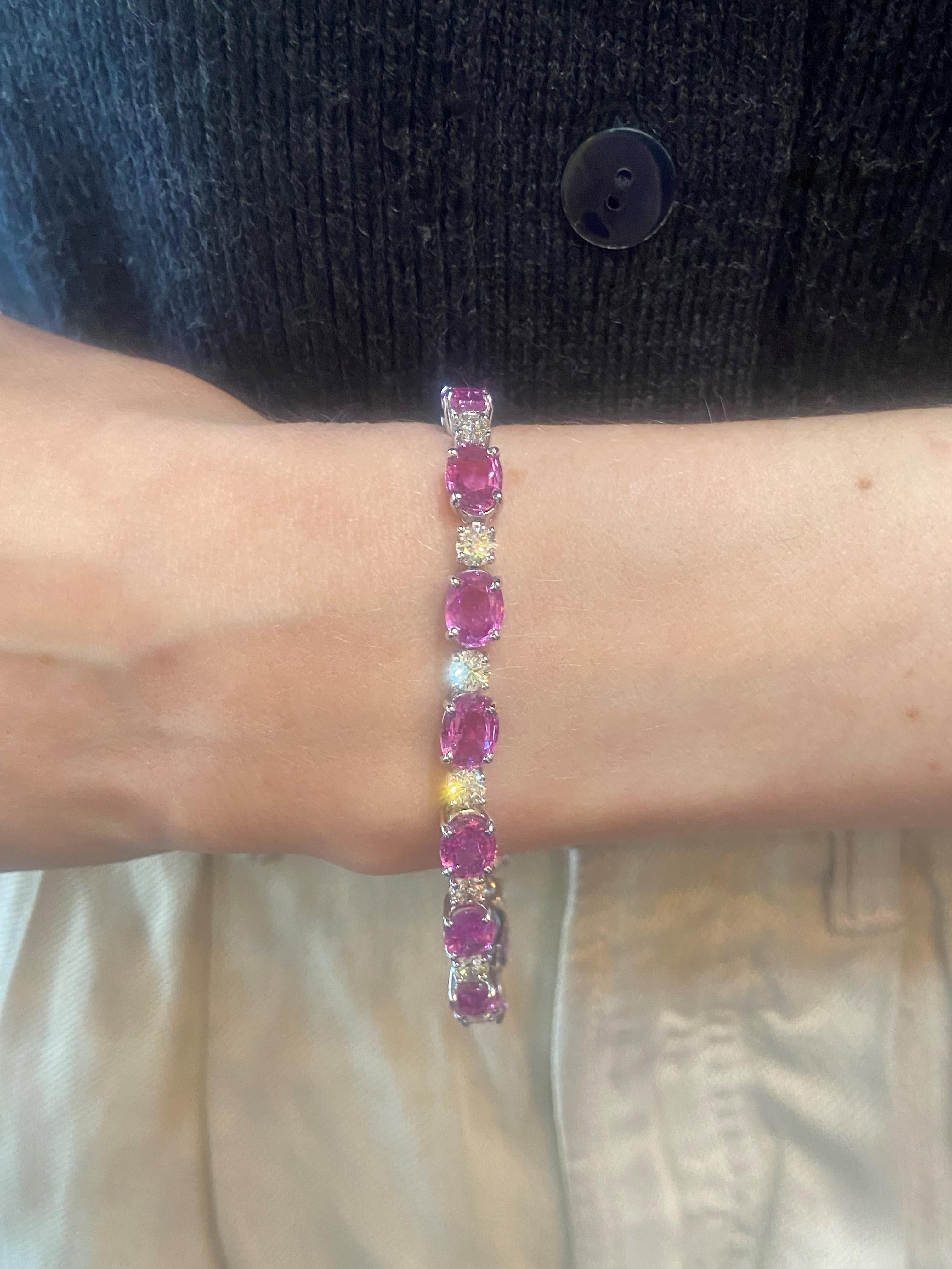 26.54ct Oval Pink Sapphire & Round Diamond Bracelet 18KT White Gold In New Condition For Sale In New York, NY