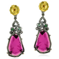26.55 ct Tourmaline Dangle Earrings With Emerald & Diamonds In 18k Gold & Silver