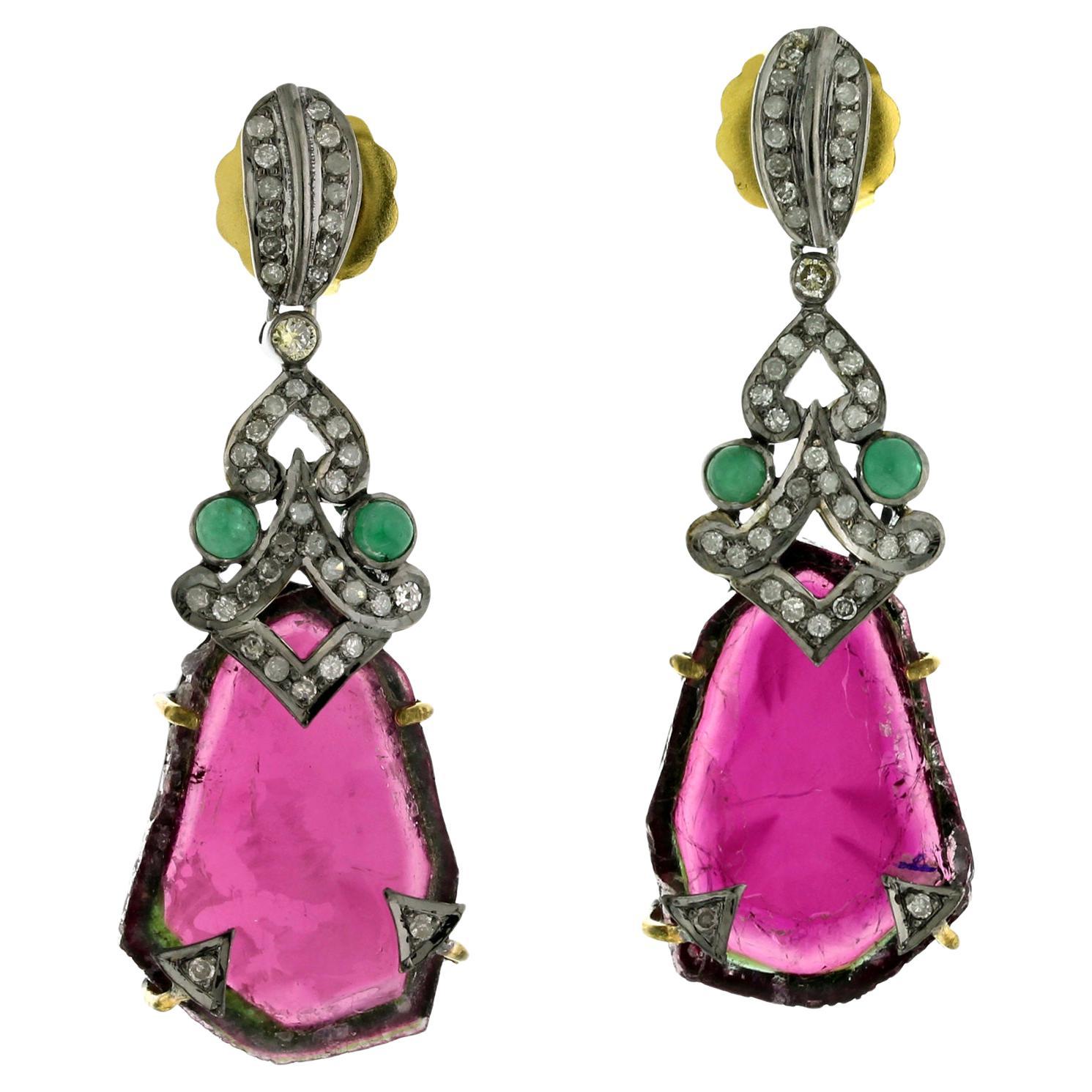 26.55 ct Tourmaline Dangle Earrings With Emerald & Diamonds In 18k Gold & Silver For Sale