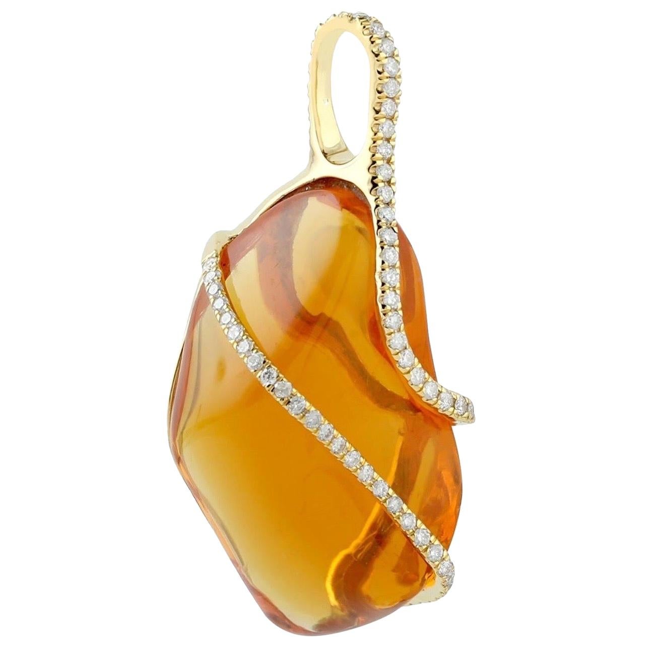 26.57 Carat Fire Opal Diamond 18 Karat Gold Pendant Necklace For Sale