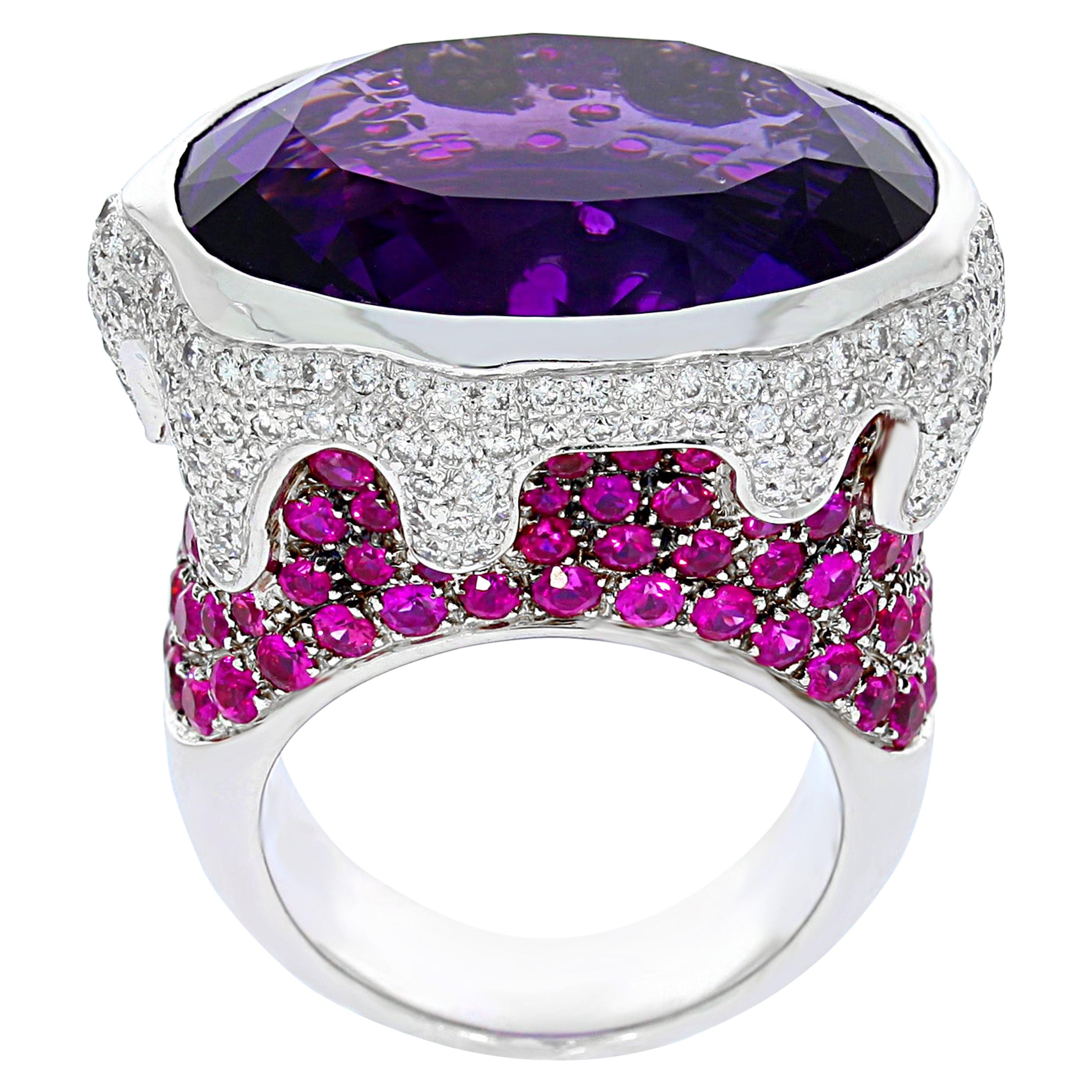 Chatila 26.58 Carat Amethyst Ruby and Diamond Ring For Sale