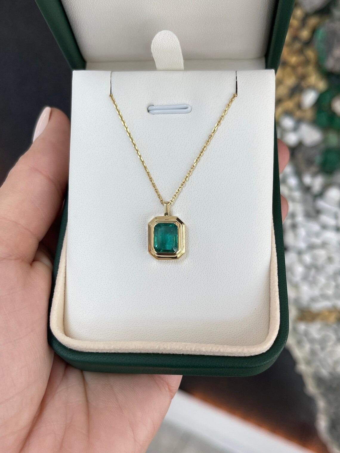 Byzantine 2.65ct 14K Deep Bluish Green Emerald Cut Emerald Double Bezel Solitaire Pendant For Sale