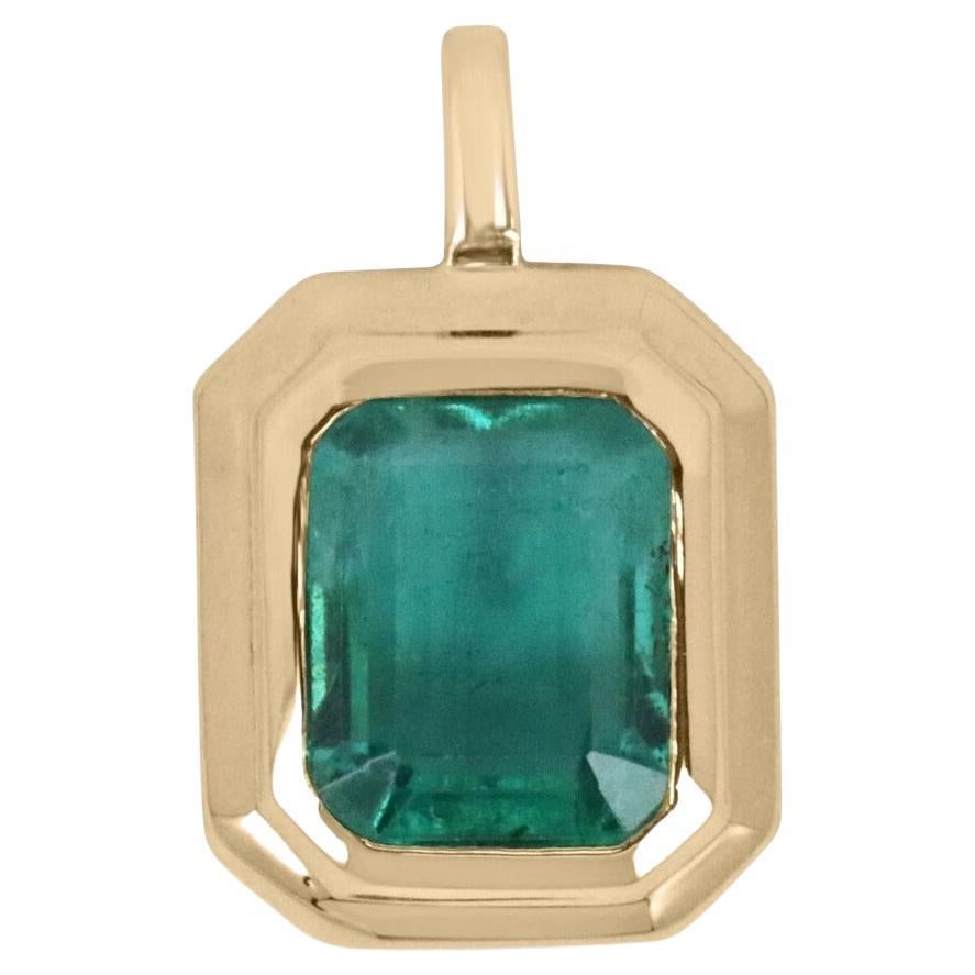 2.65ct 14K Deep Bluish Green Emerald Cut Emerald Double Bezel Solitaire Pendant For Sale
