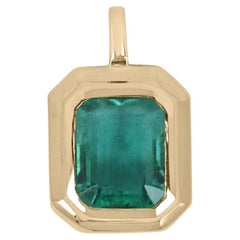 2.65ct 14K Deep Bluish Green Emerald Cut Emerald Double Bezel Solitaire Pendant