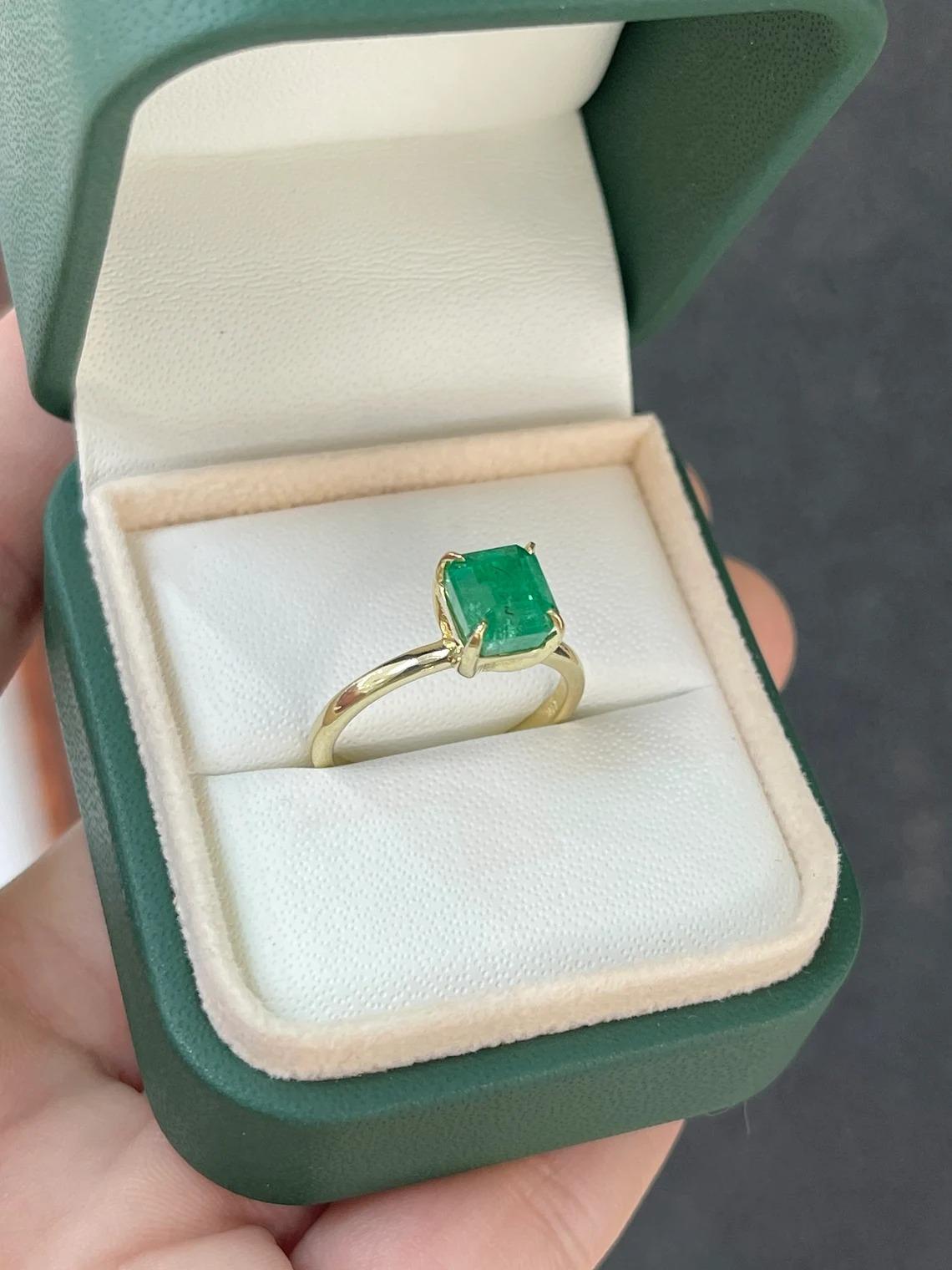 2.65ct 14K Medium Vivid Green Emerald Cut Emerald Solitaire 4 Prong Gold Ring In New Condition For Sale In Jupiter, FL