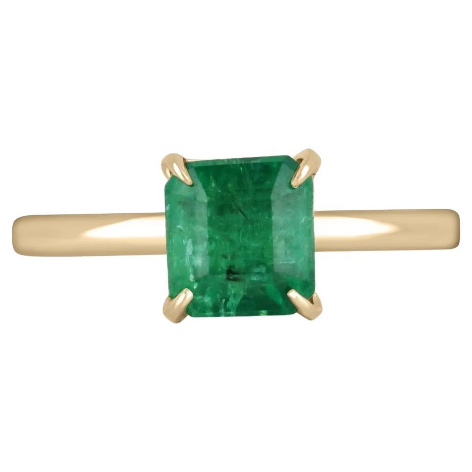 2.65ct 14K Medium Vivid Green Emerald Cut Emerald Solitaire 4 Prong Gold Ring For Sale
