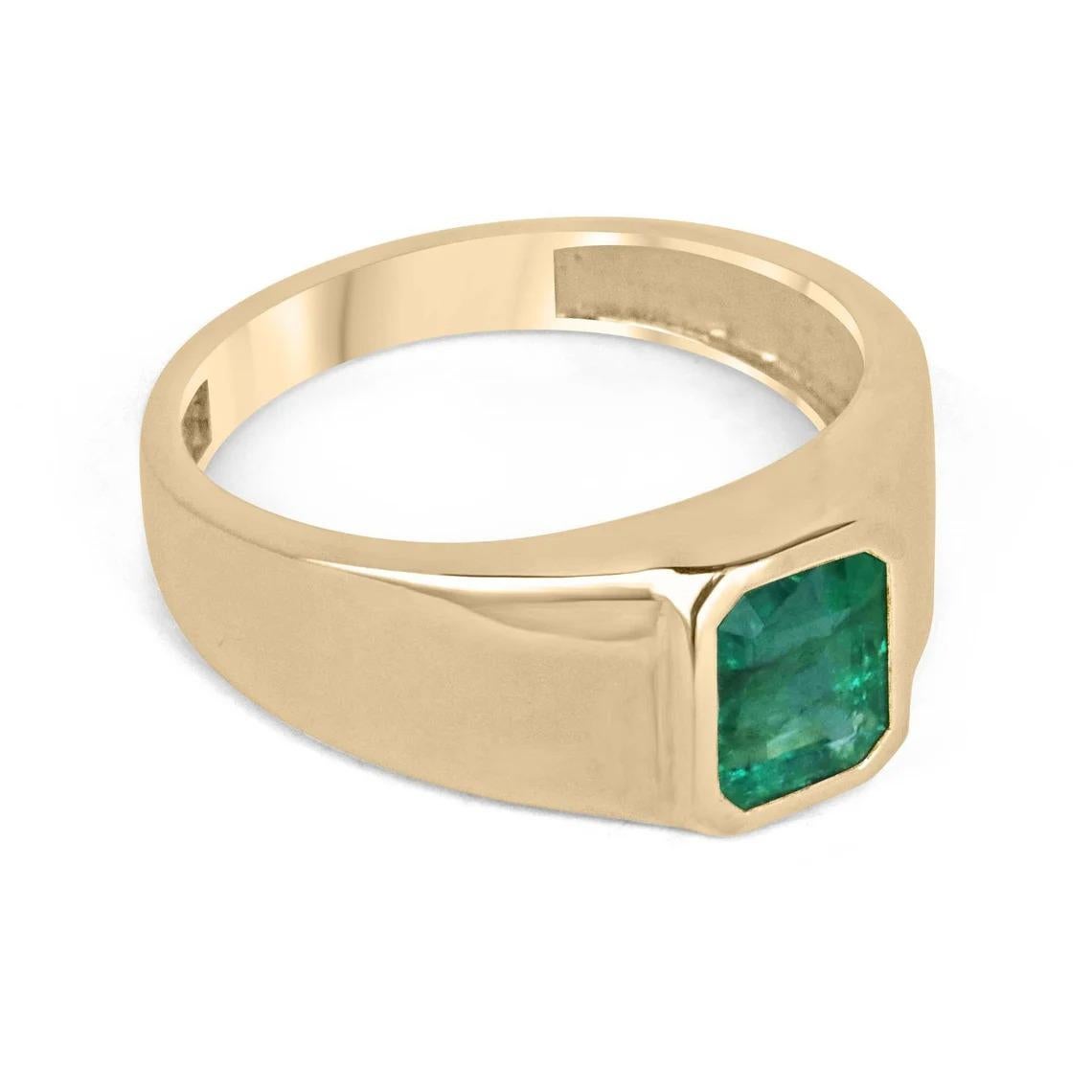 Presenting a distinguished men's emerald solitaire gold ring, featuring a remarkable 2.65-carat emerald of great quality. The emerald, boasting a lush dark green color with semi-transparent clarity and very good luster, takes center stage as it is