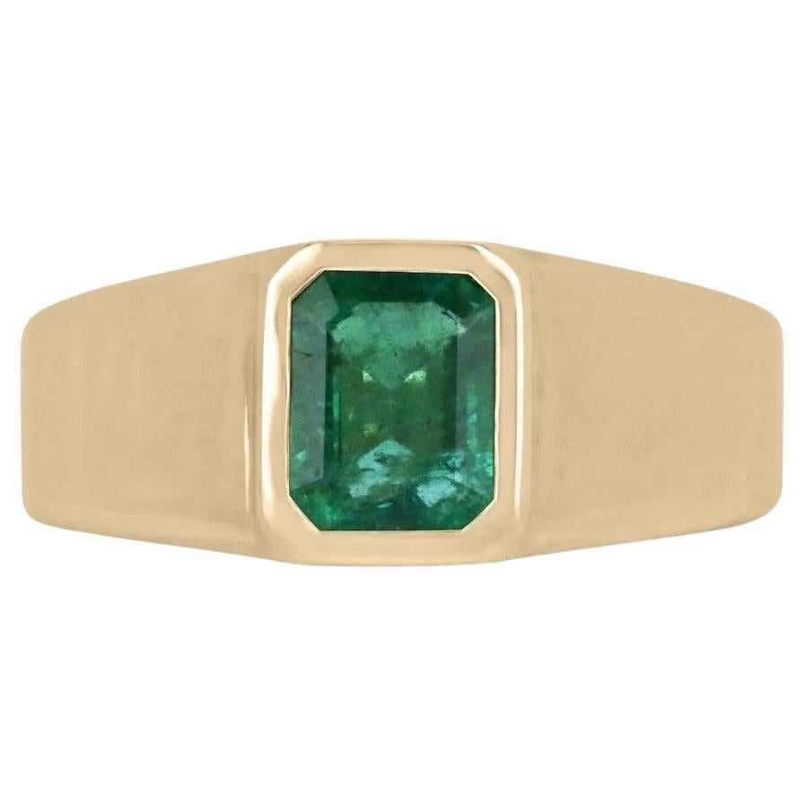 2.65ct 14K Natural Lush Dark Green Emerald Cut Emerald Solitaire Men's Gold Ring For Sale