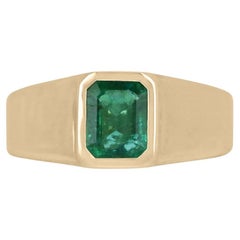 Retro 2.65ct 14K Natural Lush Dark Green Emerald Cut Emerald Solitaire Men's Gold Ring