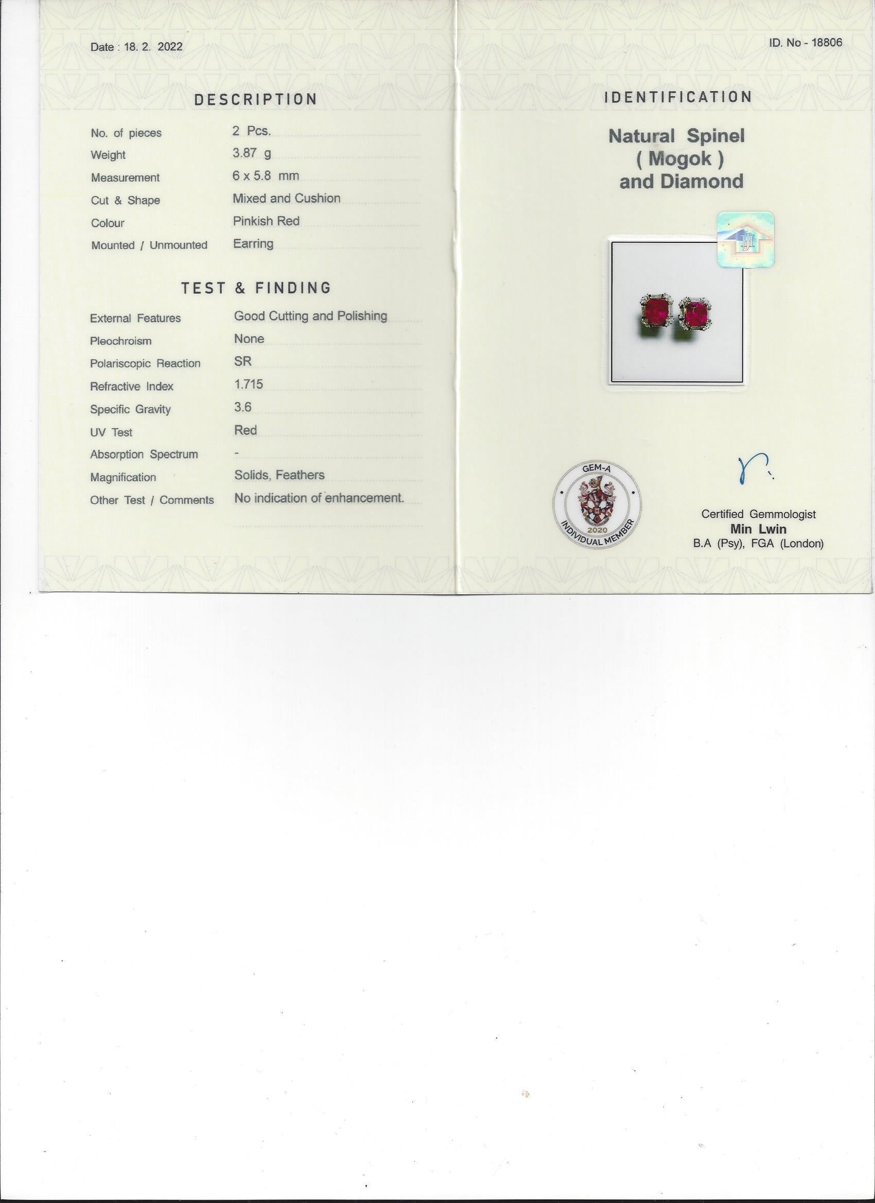 2.65Ct Burmese Neon Hot Pinkish Red Spinel Earring with Natural Diamonds enhance For Sale 4