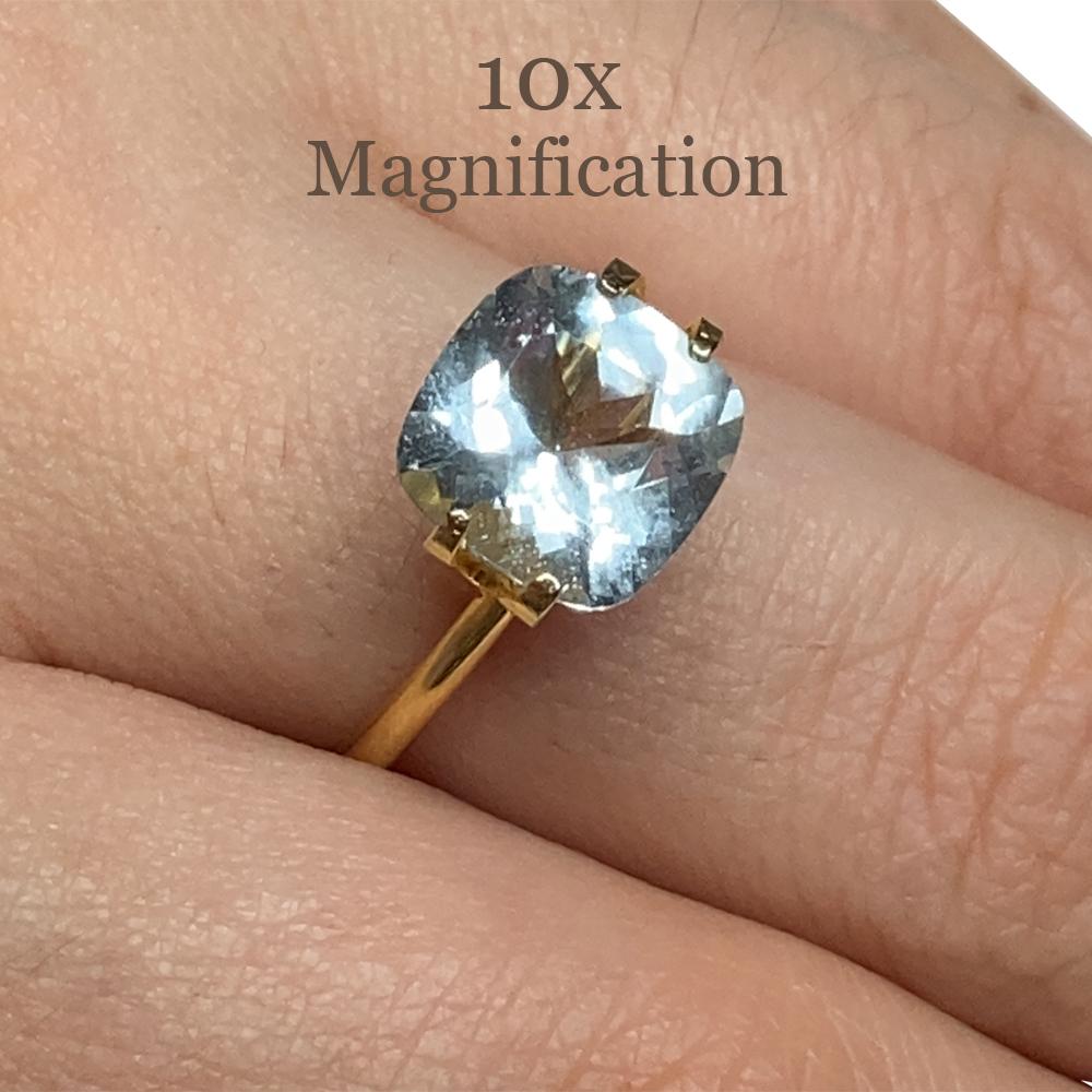 Description:

Gem Type: Aquamarine
Number of Stones: 1
Weight: 2.65 cts
Measurements: 9.18 x 9.20 x 5.50 mm
Shape: Cushion
Cutting Style Crown: Brilliant Cut
Cutting Style Pavilion: Mixed Cut
Transparency: Transparent
Clarity: Slightly Included: