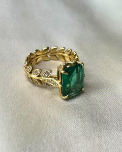 2.65ct Emerald Botanical Ring 18k Yellow Gold and .55ct Diamonds