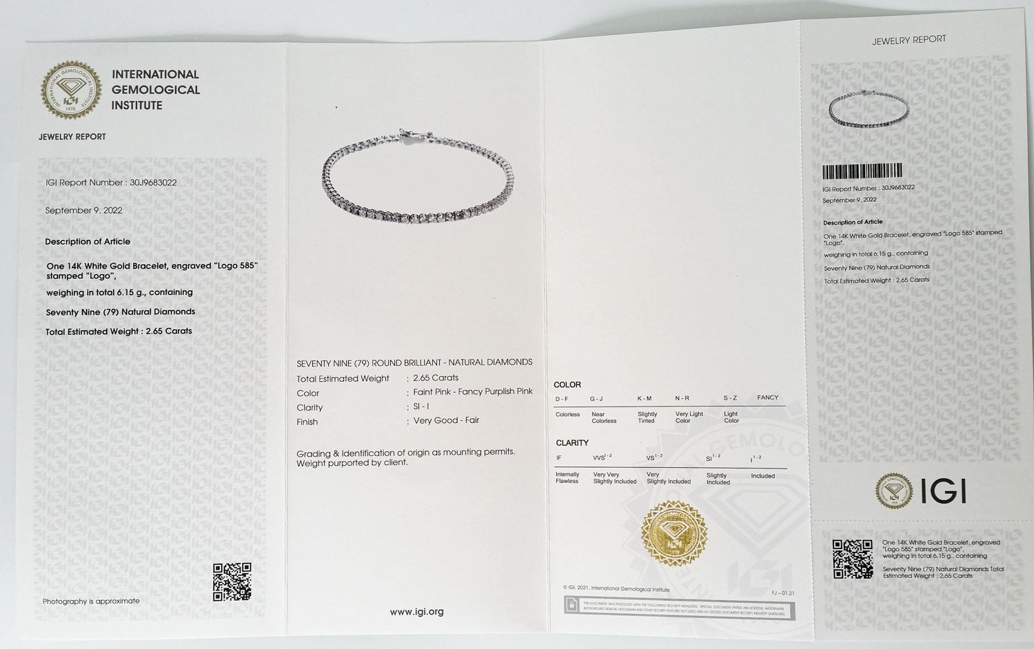 IGI Certified 2.65ct Carat Round Brilliant Pink Diamond 14K Tennis Bracelet  2