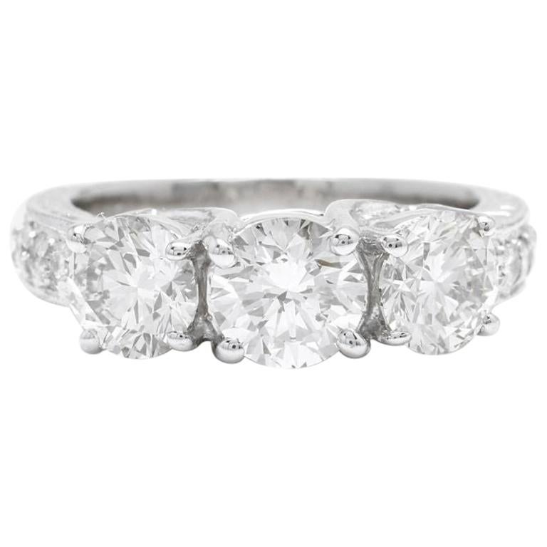 2.65 Carat Natural Three-Stone Diamond 18 Karat Solid White Gold Ring For Sale