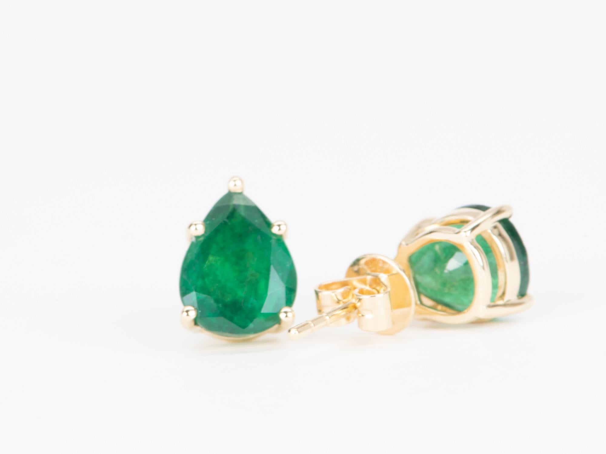 Pear Cut 2.65ct Pear-Shape Emerald Stud Earrings 14K Gold R3141 For Sale