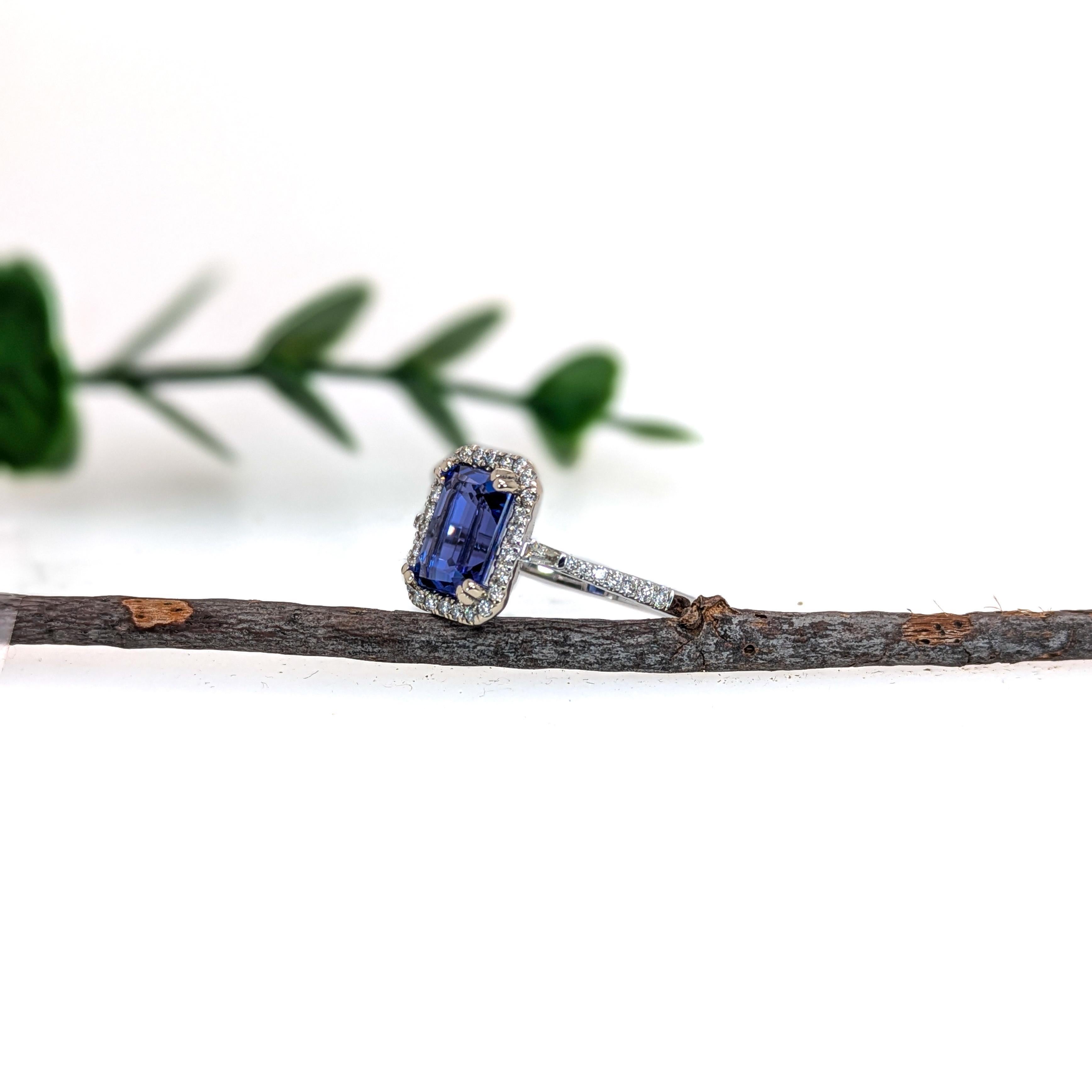 Emerald Cut 2.65ct Statement Tanzanite Ring w Natural Diamond Halo in Solid 14K White Gold For Sale