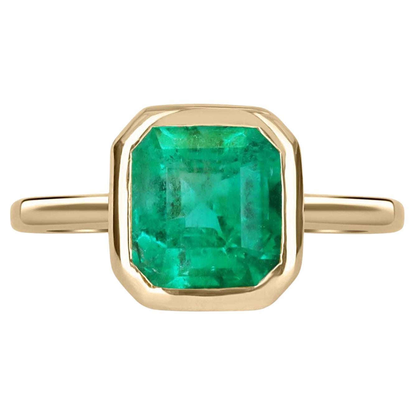 2.65cts 18K Bezel Set Colombian Emerald -Emerald Cut Solitaire Ring For Sale
